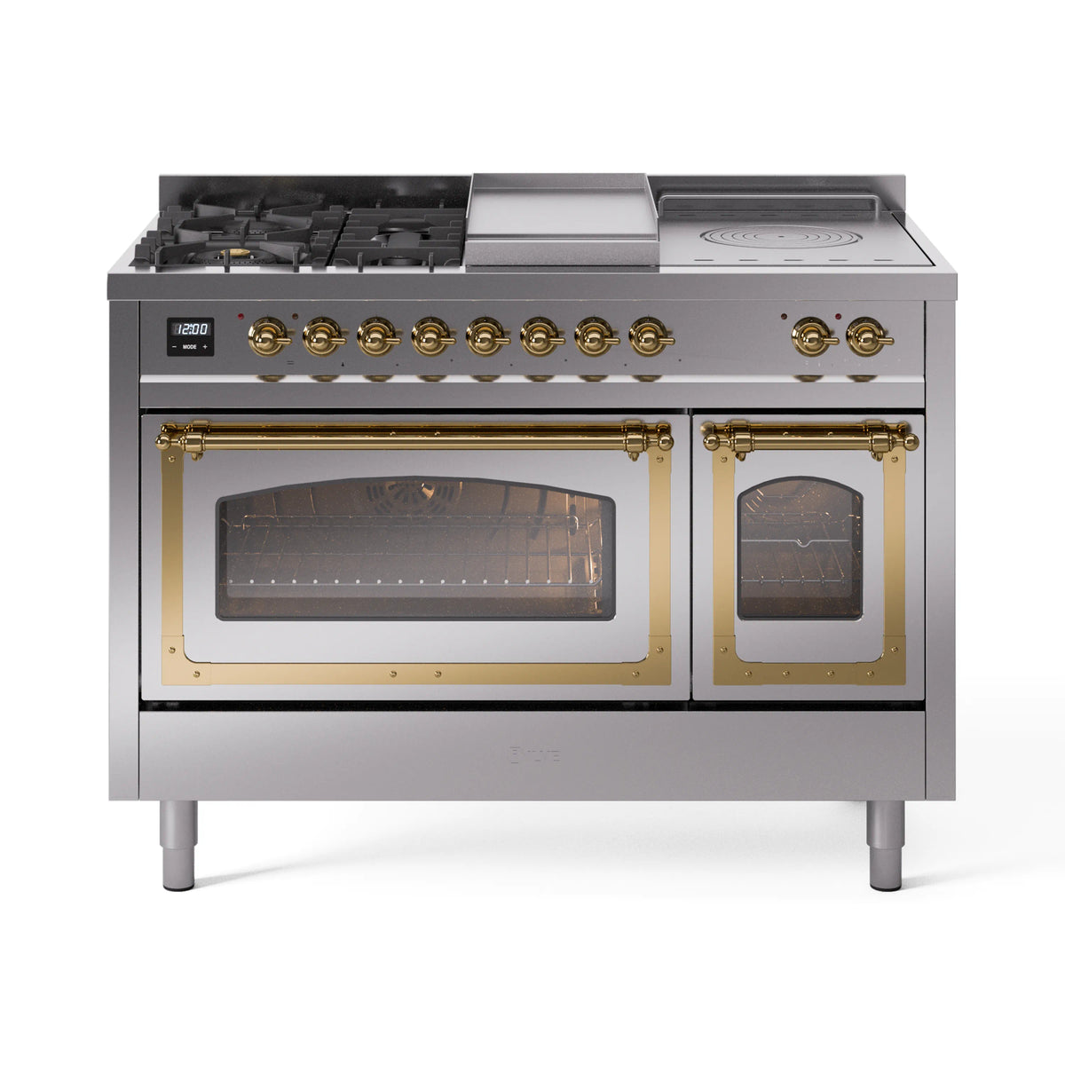 ILVE Nostalgie II Noblesse 48-Inch LP Dual Fuel Range, 5 Burners, Griddle, French Top, Stainless Steel with Brass Trim (UN48FSNMPSSGLP)