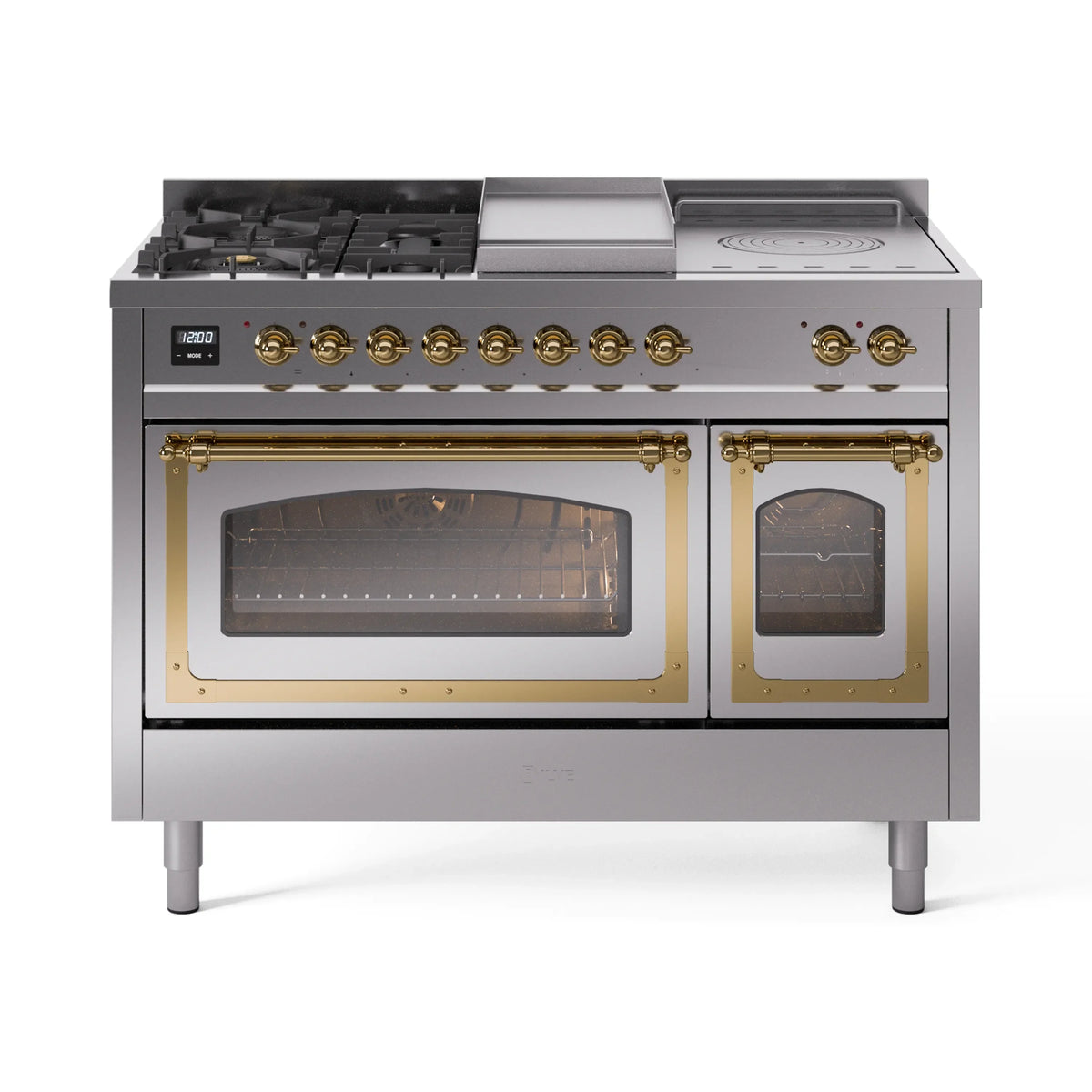 ILVE Nostalgie II Noblesse 48-Inch NG Dual Fuel Range, 5 Burners, Griddle, French Top, Stainless Steel with Brass Trim (UN48FSNMPSSG)