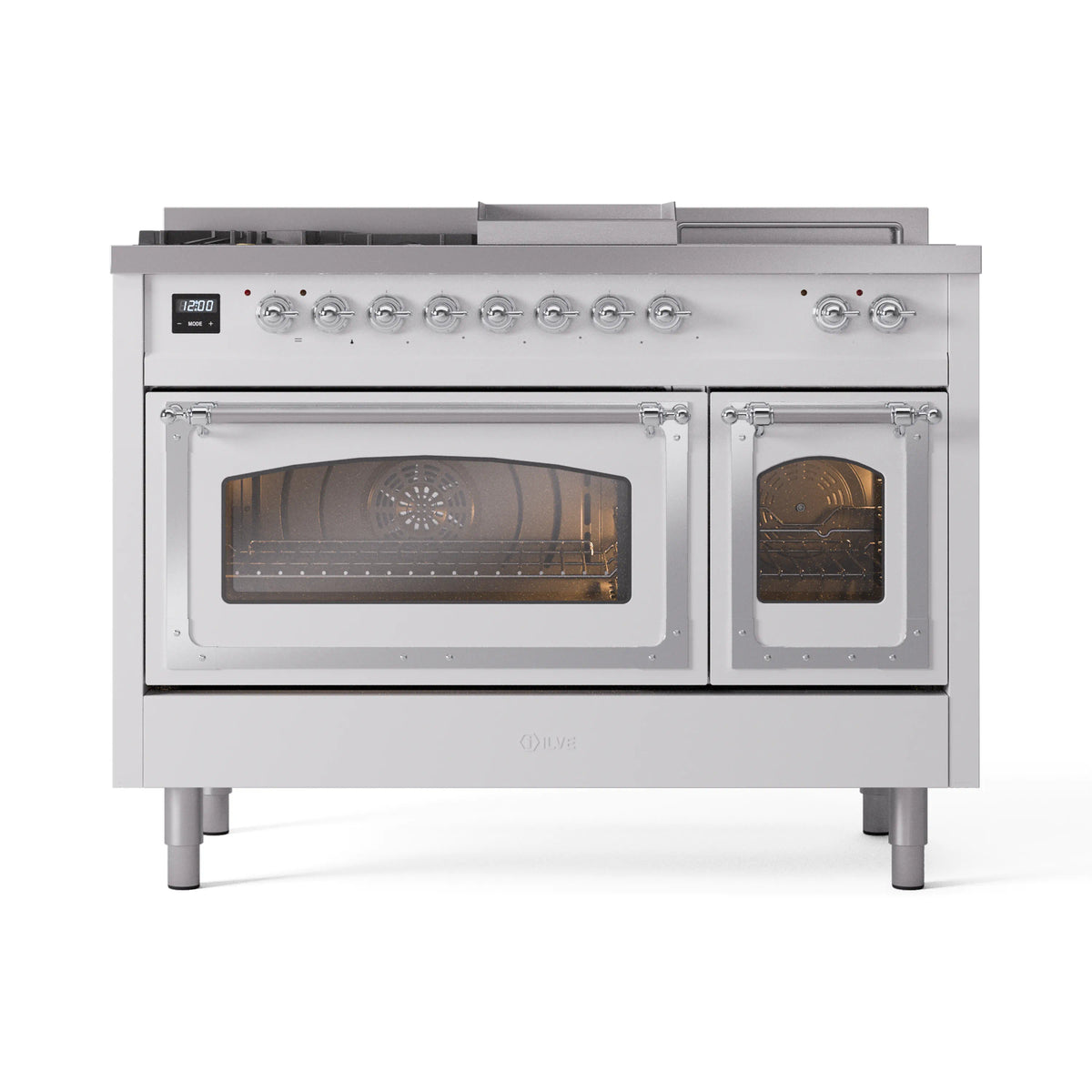ILVE Nostalgie II Noblesse 48-Inch LP Dual Fuel Range, 5 Burners, Griddle, French Top, White with Chrome Trim (UN48FSNMPWHCLP)