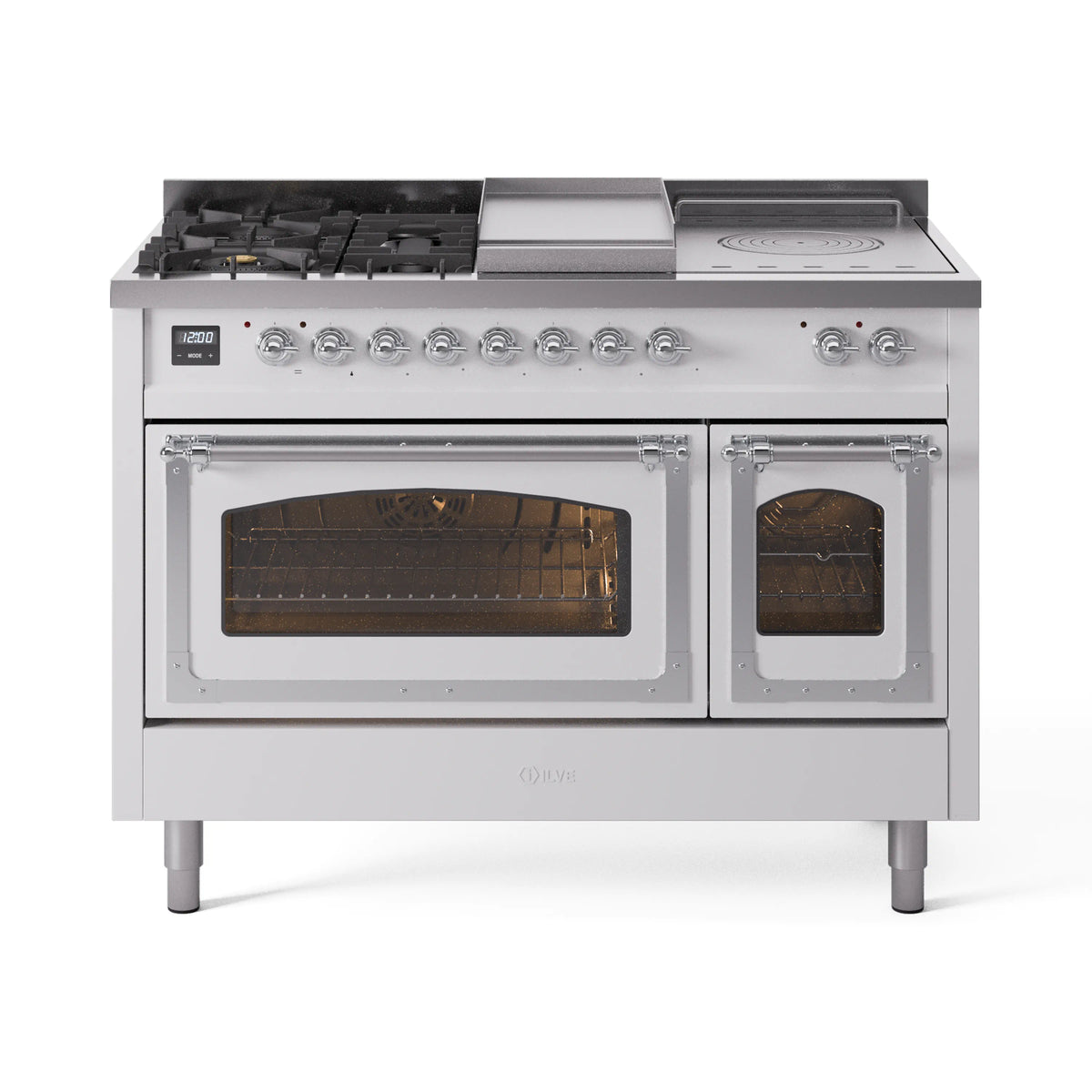 ILVE Nostalgie II Noblesse 48-Inch LP Dual Fuel Range, 5 Burners, Griddle, French Top, White with Chrome Trim (UN48FSNMPWHCLP)