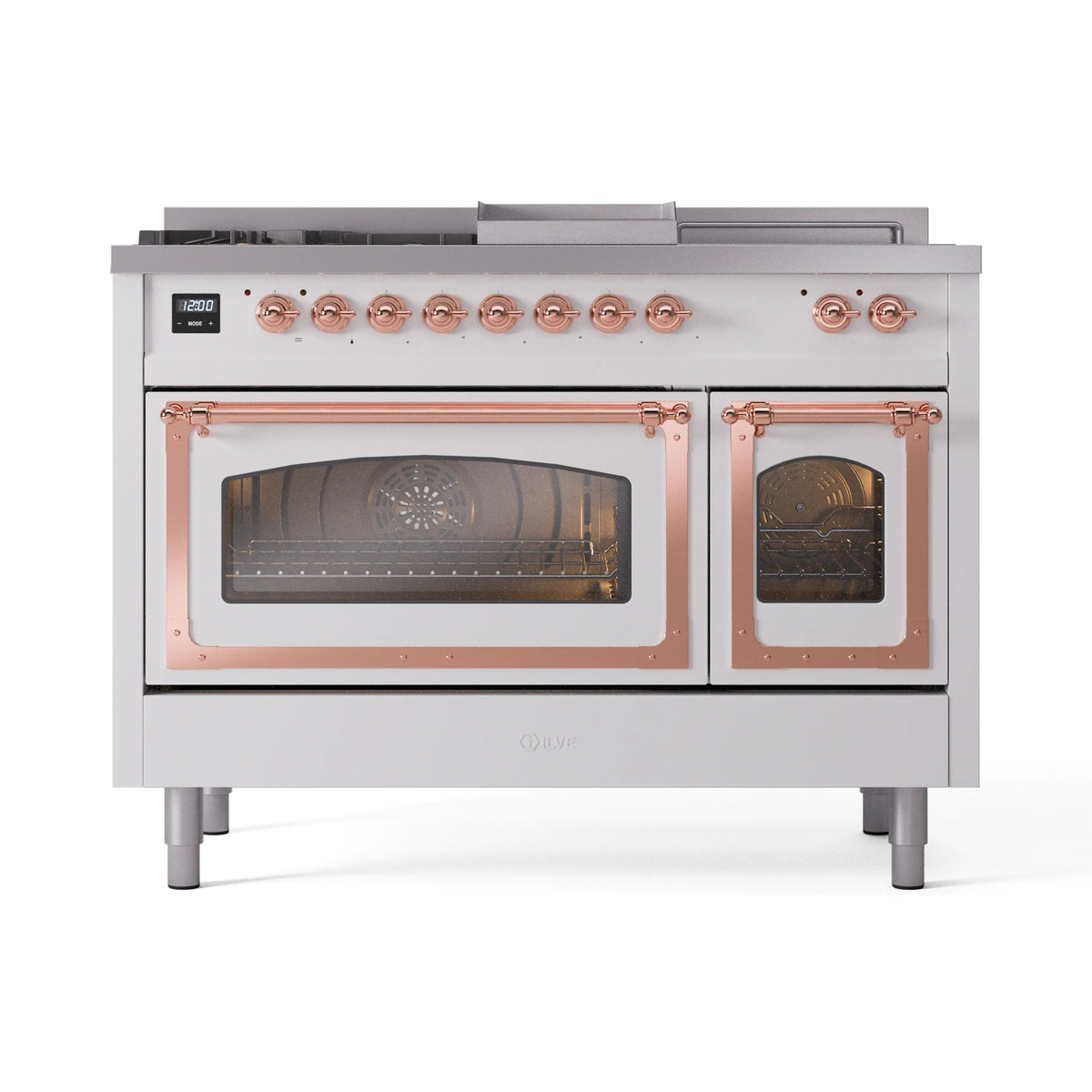 ILVE Nostalgie II Noblesse 48-Inch LP Dual Fuel Range, 5 Burners, Griddle, French Top, White with Copper Trim (UN48FSNMPWHPLP)