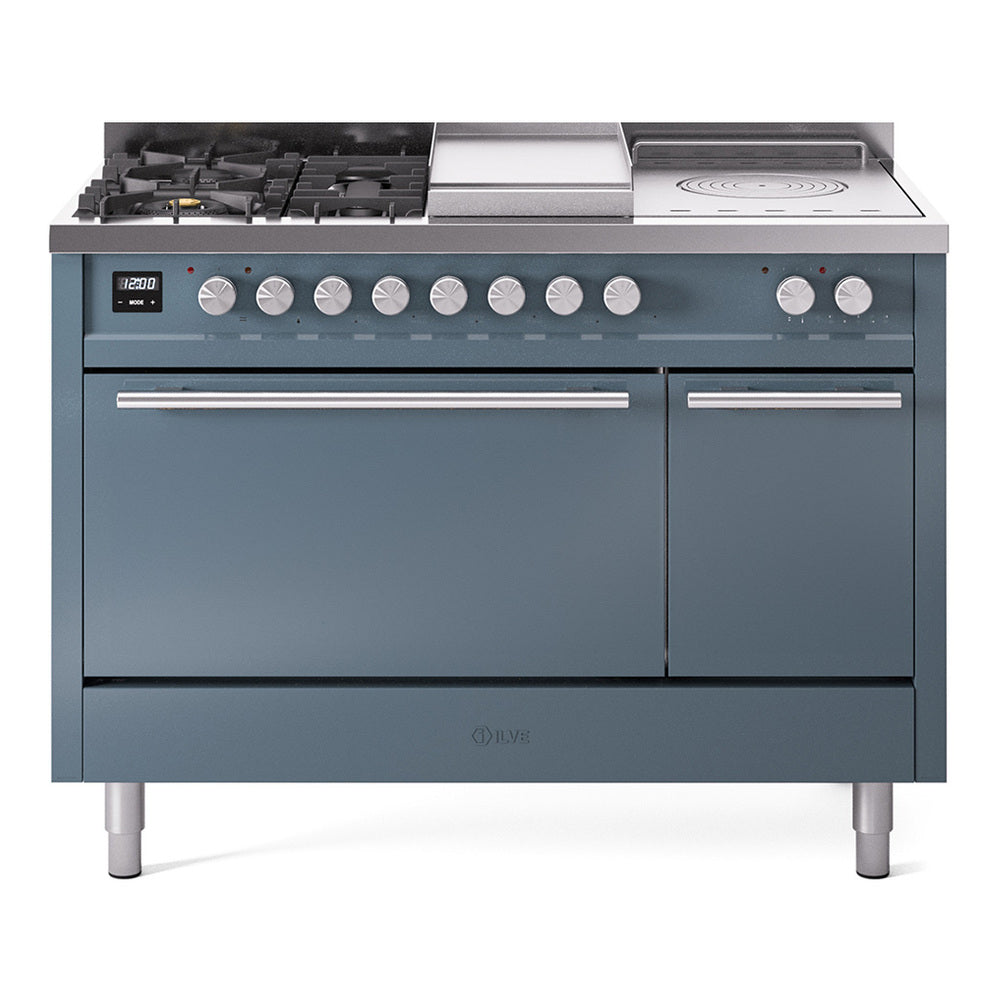 ILVE Professional Plus II 48-Inch Propane Dual Fuel Range, 5 Burners, Griddle, French Top, Solid Door, Blue Grey (UP48FSQMPBGLP)