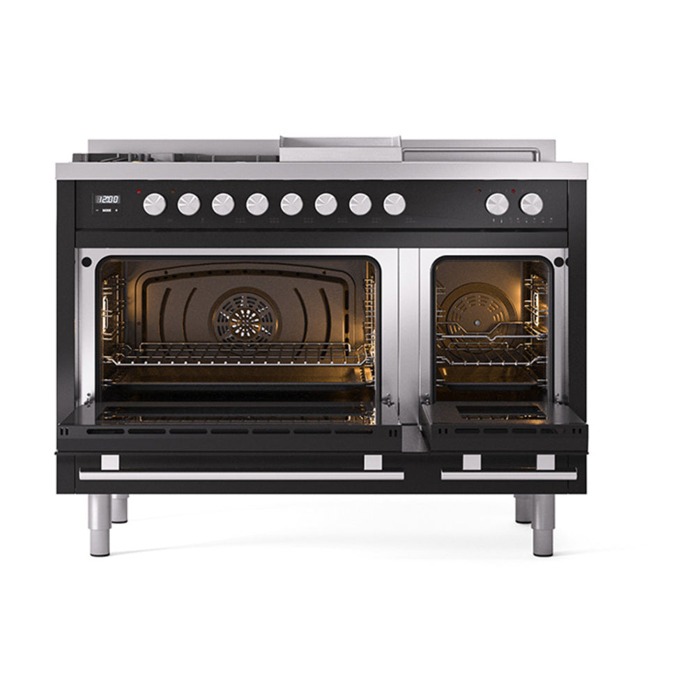 ILVE Professional Plus II 48-Inch Natural Gas Dual Fuel Range, 5 Burners, Griddle, French Top, Solid Door, Glossy Black (UP48FSQMPBK)