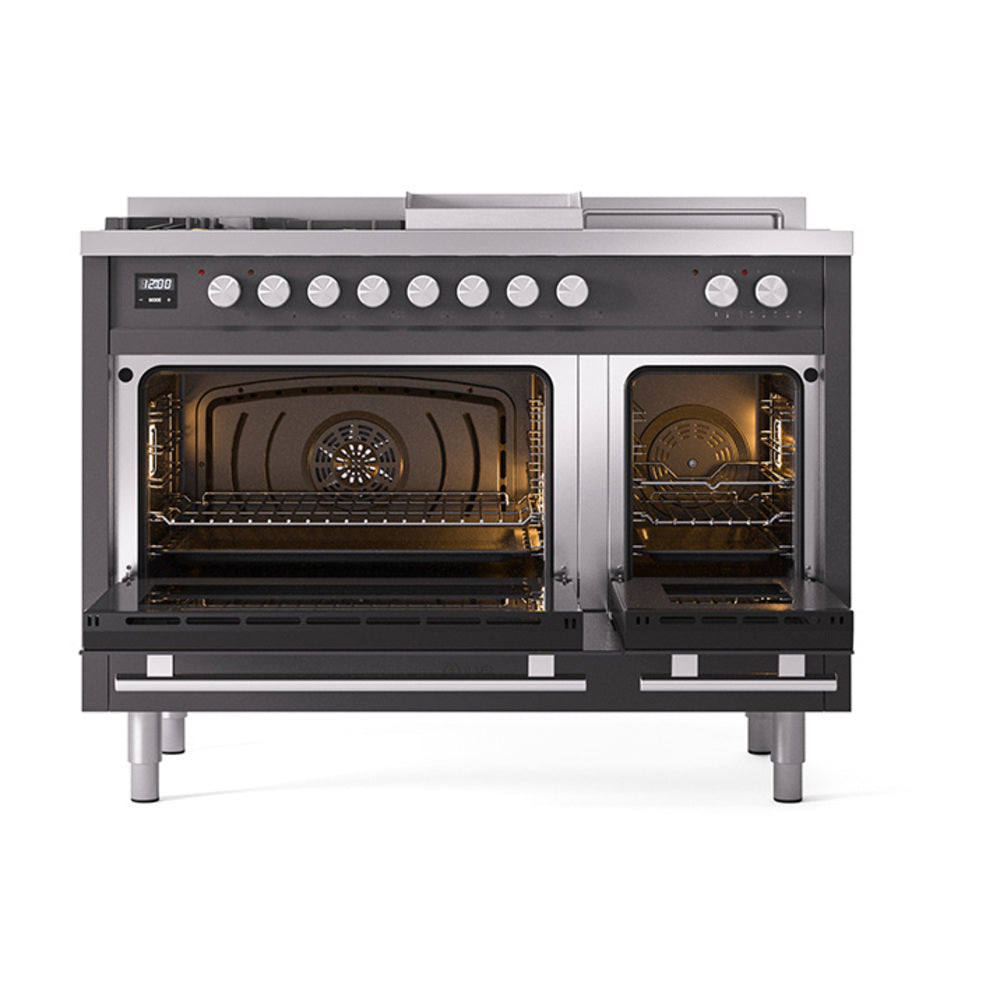 ILVE Professional Plus II 48-Inch Natural Gas Dual Fuel Range, 5 Burners, Griddle, French Top, Solid Door, Matte Graphite (UP48FSQMPMG)