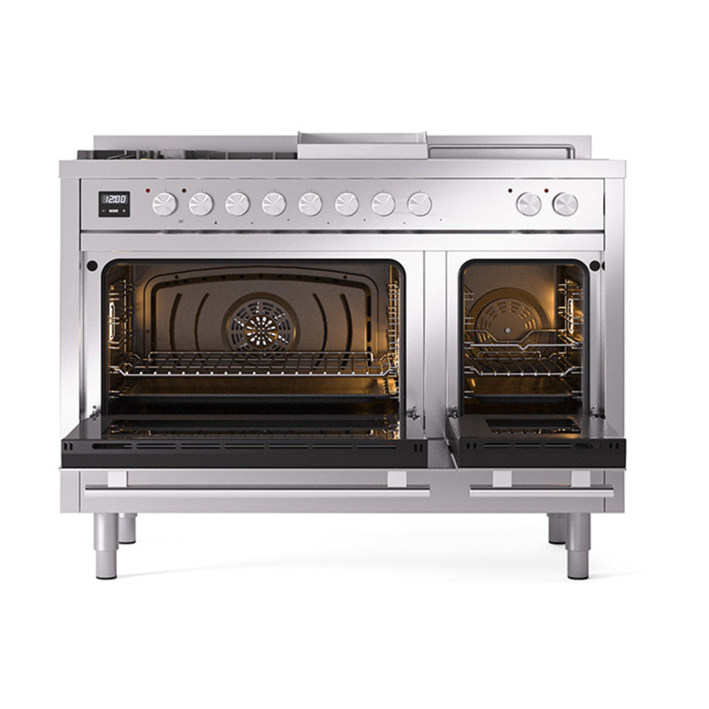 ILVE Professional Plus II 48-Inch Propane Dual Fuel Range, 5 Burners, Griddle, French Top, Solid Door, Stainless Steel (UP48FSQMPSSLP)