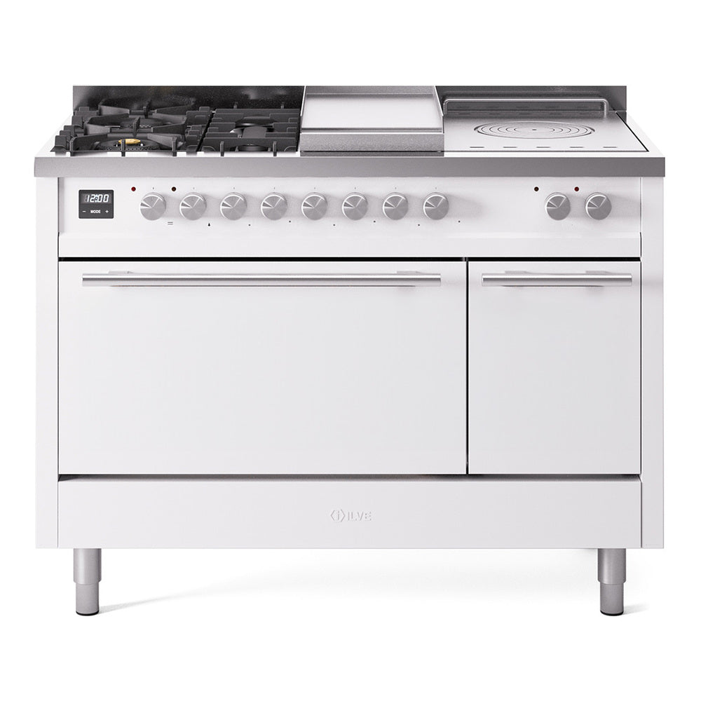 ILVE Professional Plus II 48-Inch Propane Dual Fuel Range, 5 Burners, Griddle, French Top, Solid Door, White (UP48FSQMPWHLP)