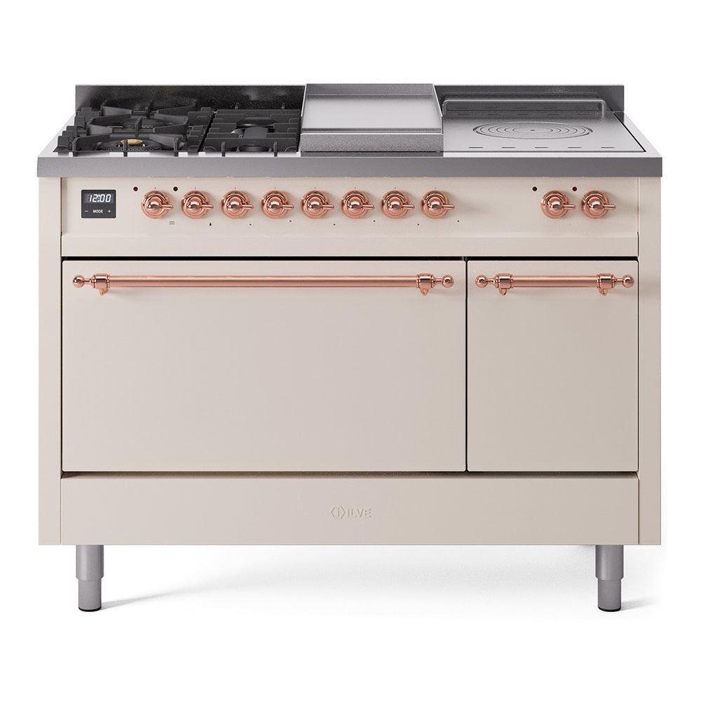 ILVE Nostalgie II 48-Inch Propane Dual Fuel Range, 5 Burners, French Top, Griddle, Solid Door, Antique White with Copper Trim (UP48FSQNMPAWPLP)