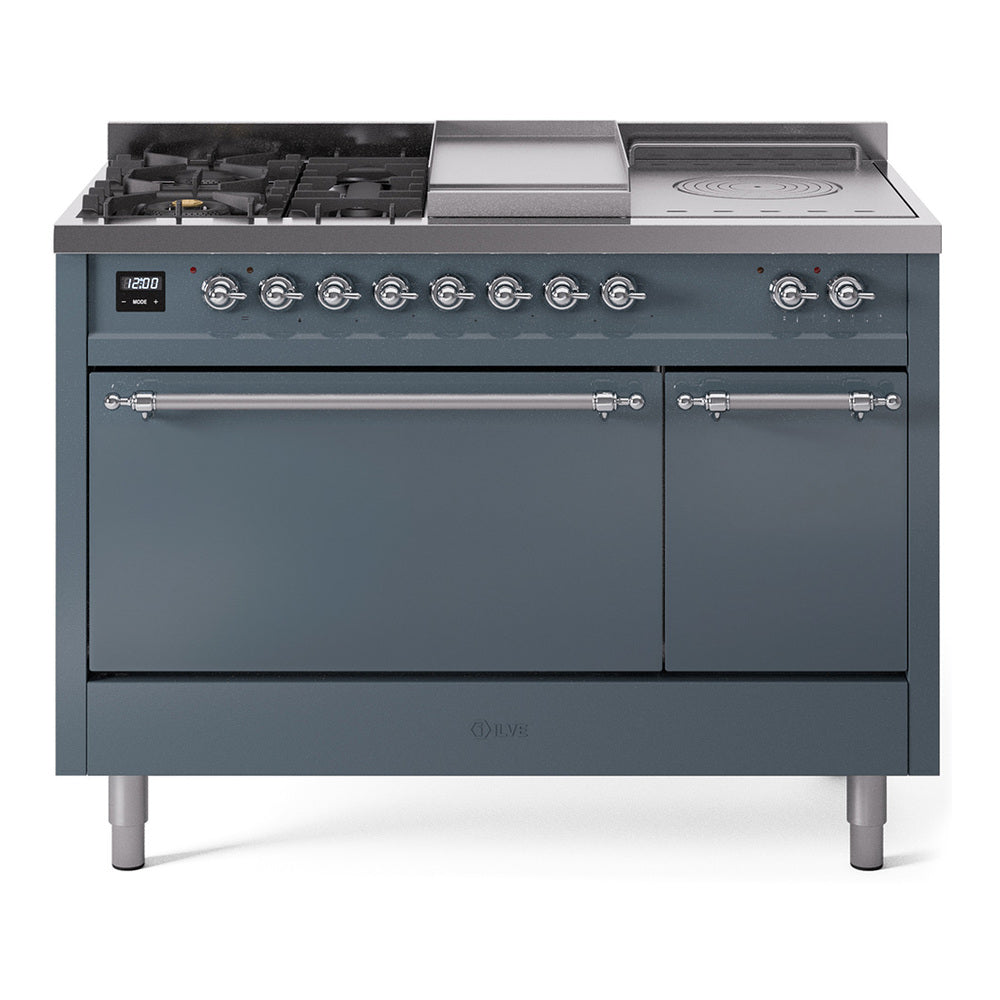 ILVE Nostalgie II 48-Inch Natural Gas Dual Fuel Range with 5 Burners, Griddle, & French Top, with Solid Door Oven in Blue Grey with Chrome Trim (UP48FSQNMPBGC)