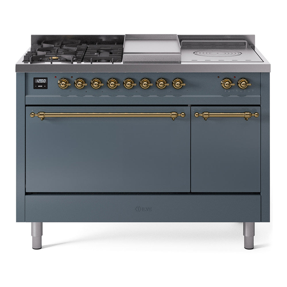 ILVE Nostalgie II 48-Inch Natural Gas Dual Fuel Range, 5 Burners, French Top, Griddle, Solid Door, Blue Grey with Brass Trim (UP48FSQNMPBGG)
