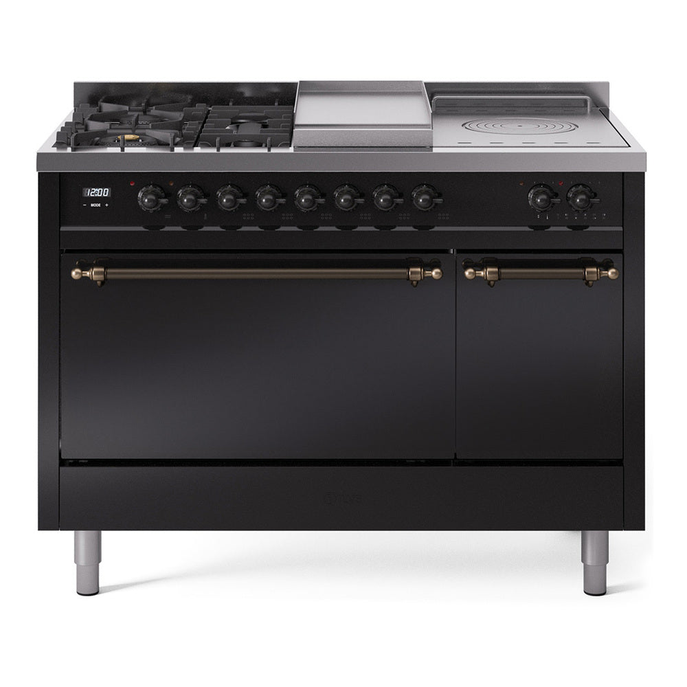 ILVE Nostalgie II 48-Inch Propane Dual Fuel Range, 5 Burners, French Top, Griddle, Solid Door, Glossy Black with Bronze Trim (UP48FSQNMPBKBLP)