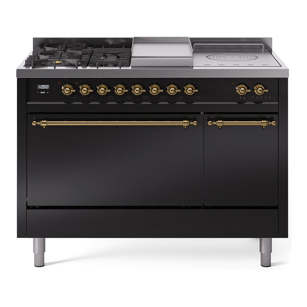ILVE Nostalgie II 48-Inch Natural Gas Dual Fuel Range with 5 Burners, Griddle, & French Top, with Solid Door Oven in Glossy Black with Brass Trim (UP48FSQNMPBKG)