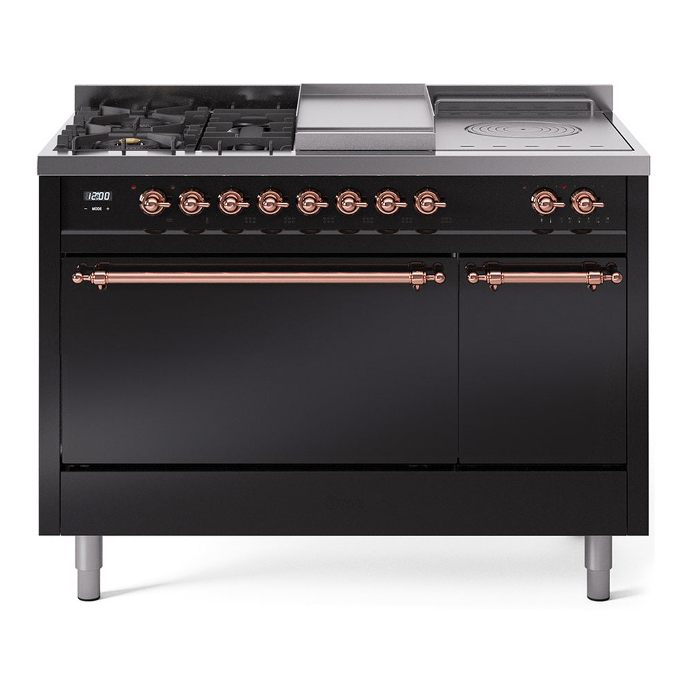 ILVE Nostalgie II 48-Inch Propane Gas Dual Fuel Range with 5 Burners, Griddle, & French Top, with Solid Door Oven in Glossy Black with Copper Trim (UP48FSQNMPBKPLP)