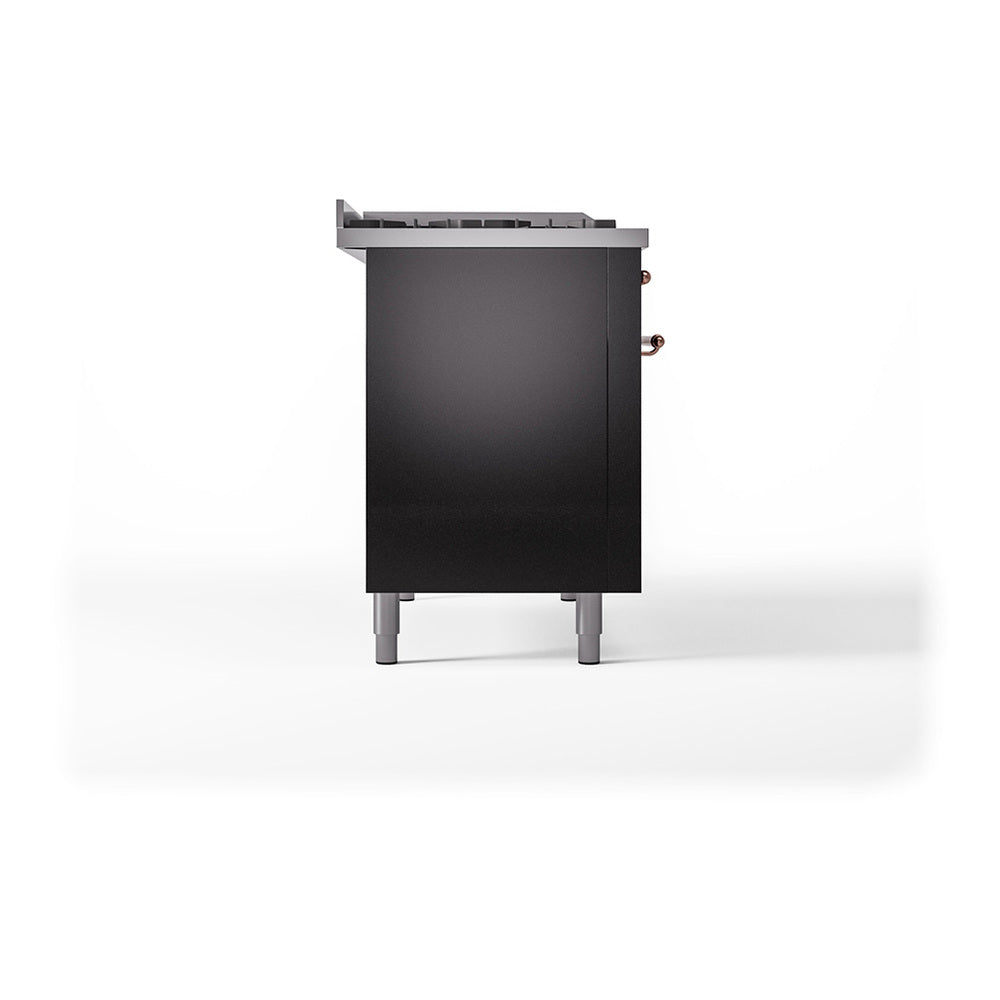 ILVE Nostalgie II 48-Inch Propane Gas Dual Fuel Range with 5 Burners, Griddle, & French Top, with Solid Door Oven in Glossy Black with Copper Trim (UP48FSQNMPBKPLP)