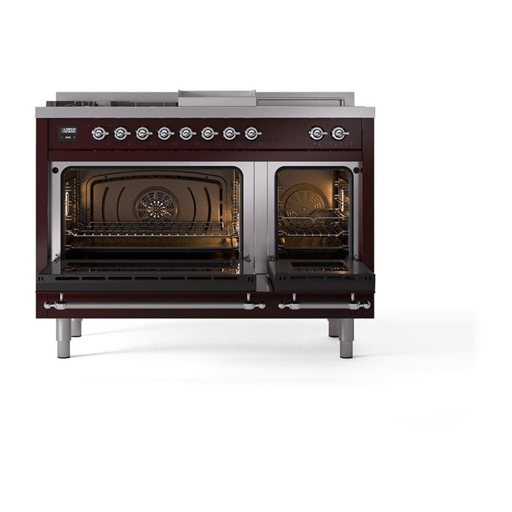 ILVE Nostalgie II 48-Inch Propane Dual Fuel Range, 5 Burners, French Top, Griddle, Solid Door, Burgundy with Chrome Trim (UP48FSQNMPBUCLP)