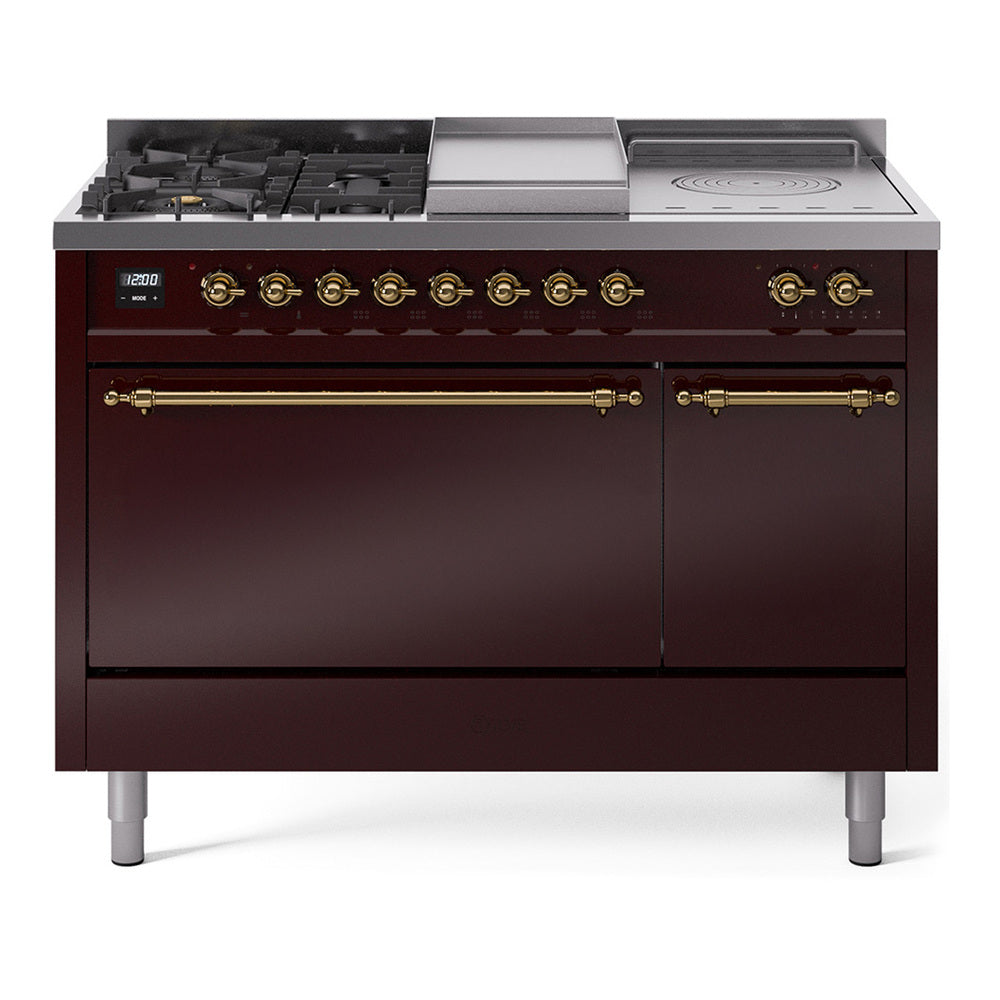 ILVE Nostalgie II 48-Inch Natural Gas Dual Fuel Range with 5 Burners, Griddle, & French Top, with Solid Door Oven in Burgundy with Brass Trim (UP48FSQNMPBUG)