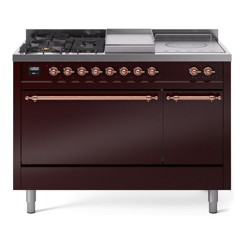 ILVE Nostalgie II 48-Inch Propane Gas Dual Fuel Range with 5 Burners, Griddle, & French Top, with Solid Door Oven in Burgundy with Copper Trim (UP48FSQNMPBUPLP)