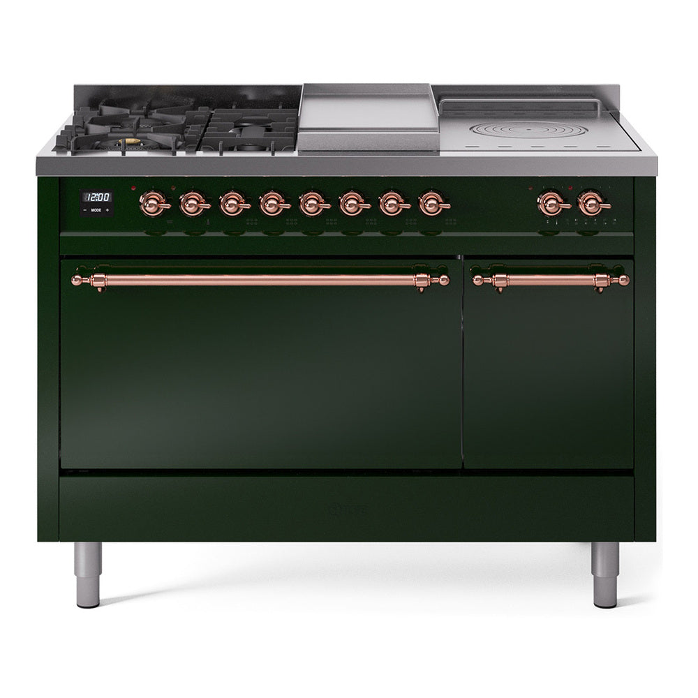 ILVE Nostalgie II 48-Inch Propane Dual Fuel Range, 5 Burners, French Top, Griddle, Solid Door, Emerald Green with Copper Trim (UP48FSQNMPEGPLP)