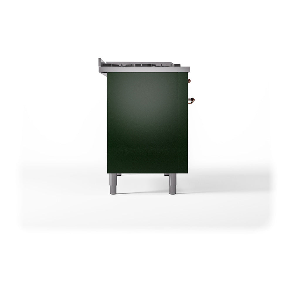ILVE Nostalgie II 48-Inch Natural Gas Dual Fuel Range with 5 Burners, Griddle, & French Top, with Solid Door Oven in Emerald Green with Burnished Bronze Trim (UP48FSQNMPEGB)