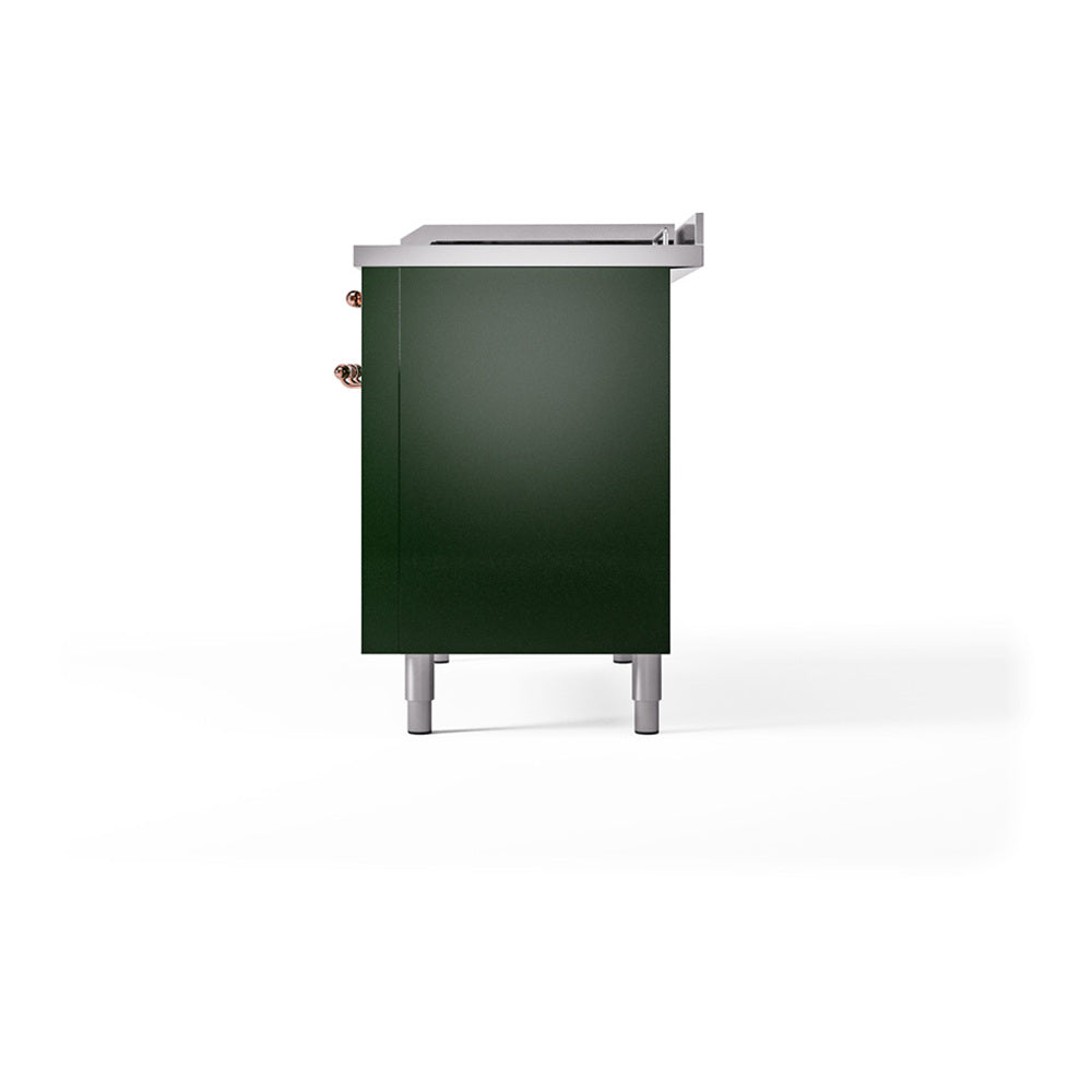 ILVE Nostalgie II 48-Inch Natural Gas Dual Fuel Range with 5 Burners, Griddle, & French Top, with Solid Door Oven in Emerald Green with Copper Trim (UP48FSQNMPEGP)