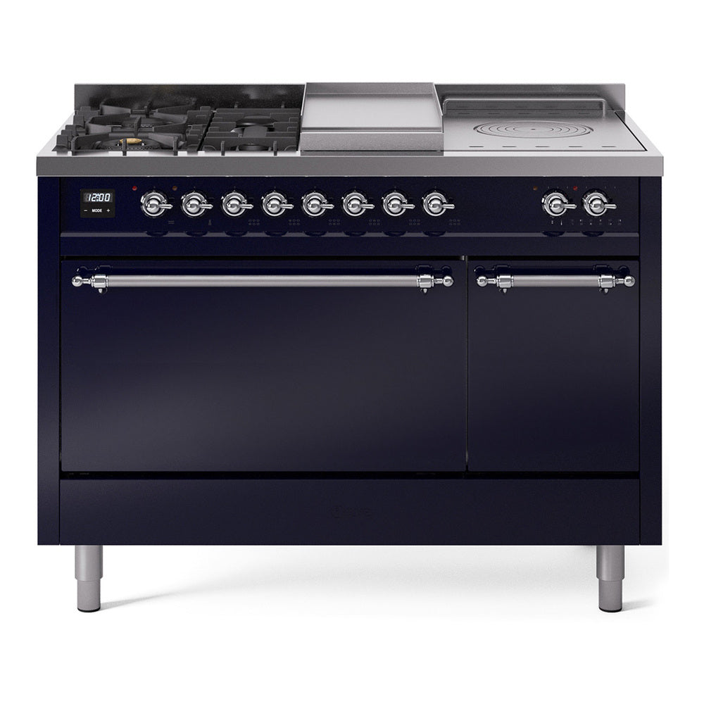ILVE Nostalgie II 48-Inch Natural Gas Dual Fuel Range, 5 Burners, French Top, Griddle, Solid Door, Midnight Blue with Chrome Trim (UP48FSQNMPMBC)