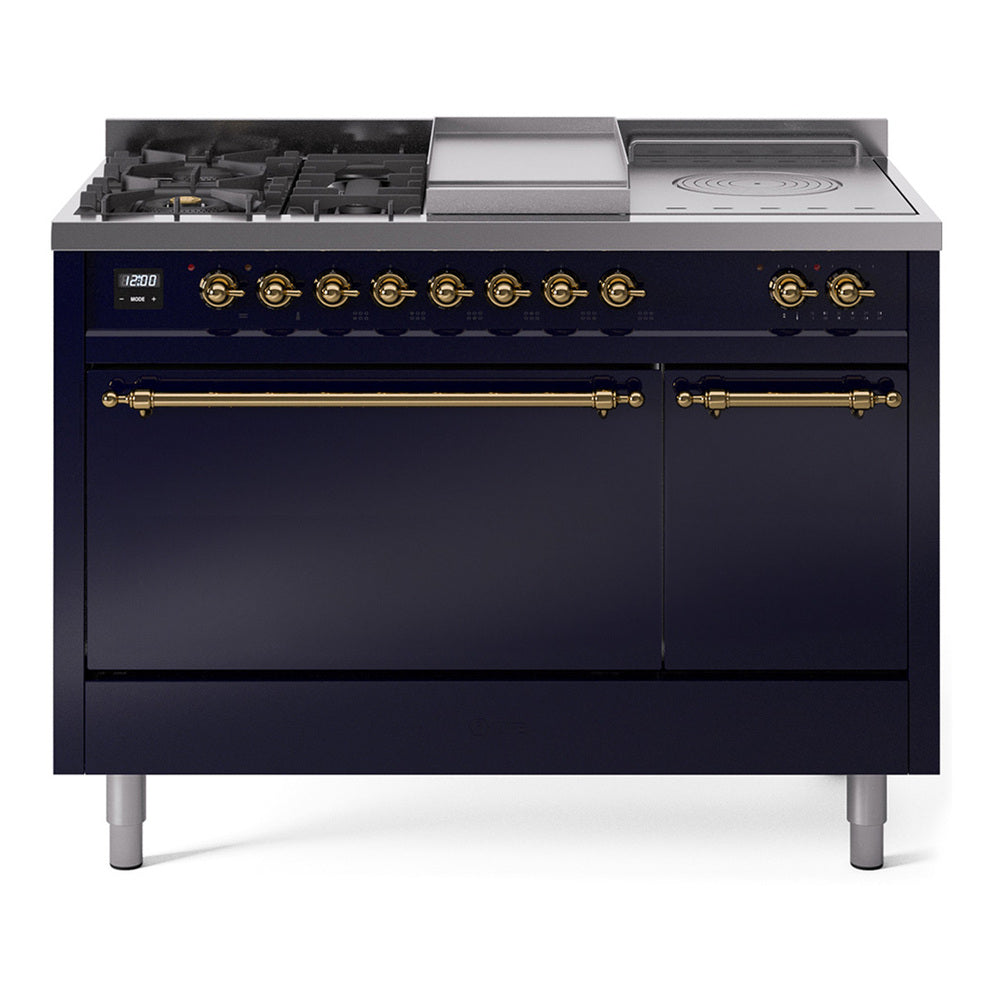 ILVE Nostalgie II 48-Inch Propane Dual Fuel Range, 5 Burners, French Top, Griddle, Solid Door, Midnight Blue with Brass Trim (UP48FSQNMPMBGLP)
