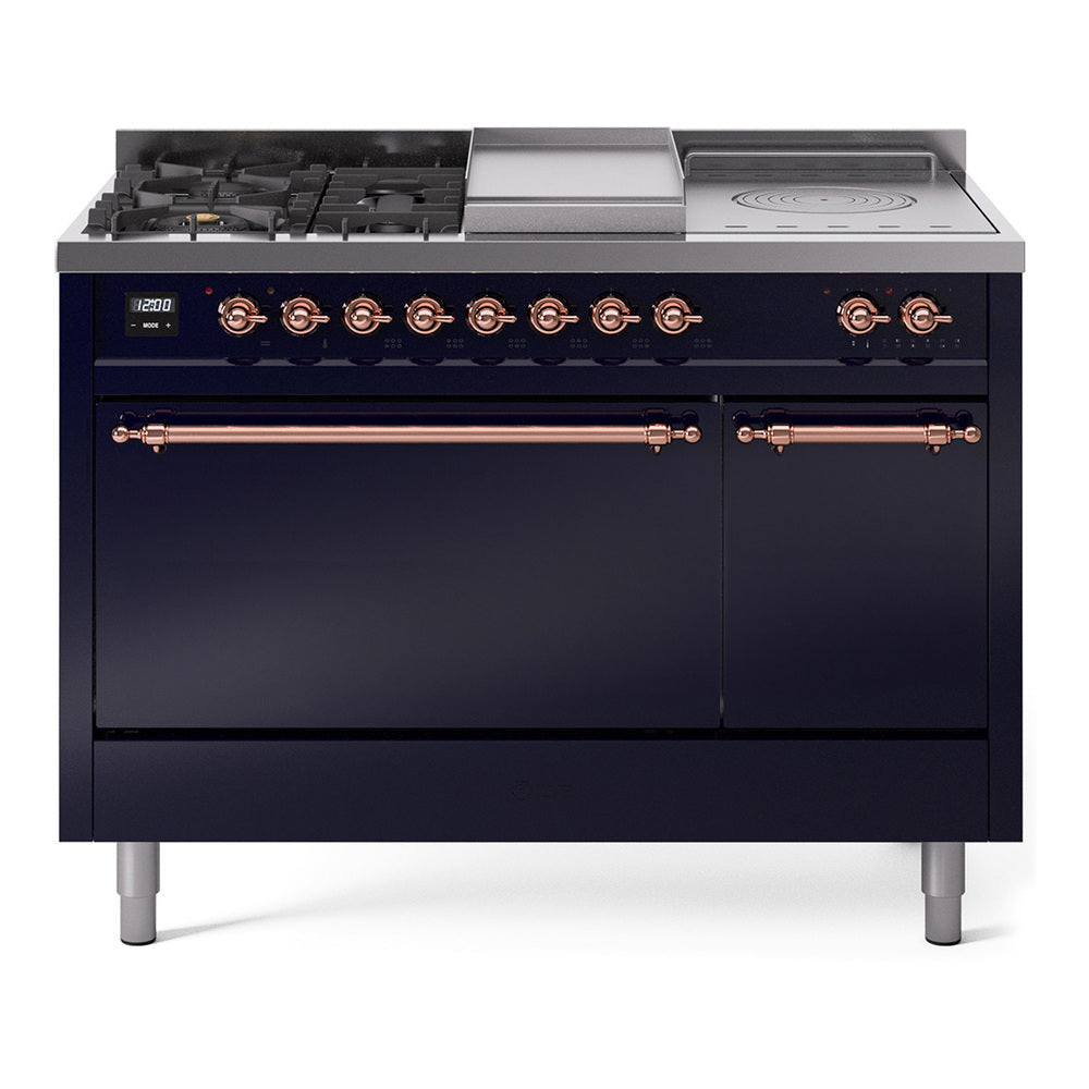 ILVE Nostalgie II 48-Inch Natural Gas Dual Fuel Range with 5 Burners, Griddle, & French Top, with Solid Door Oven in Midnight Blue with Burnished Bronze Trim (UP48FSQNMPMBB)