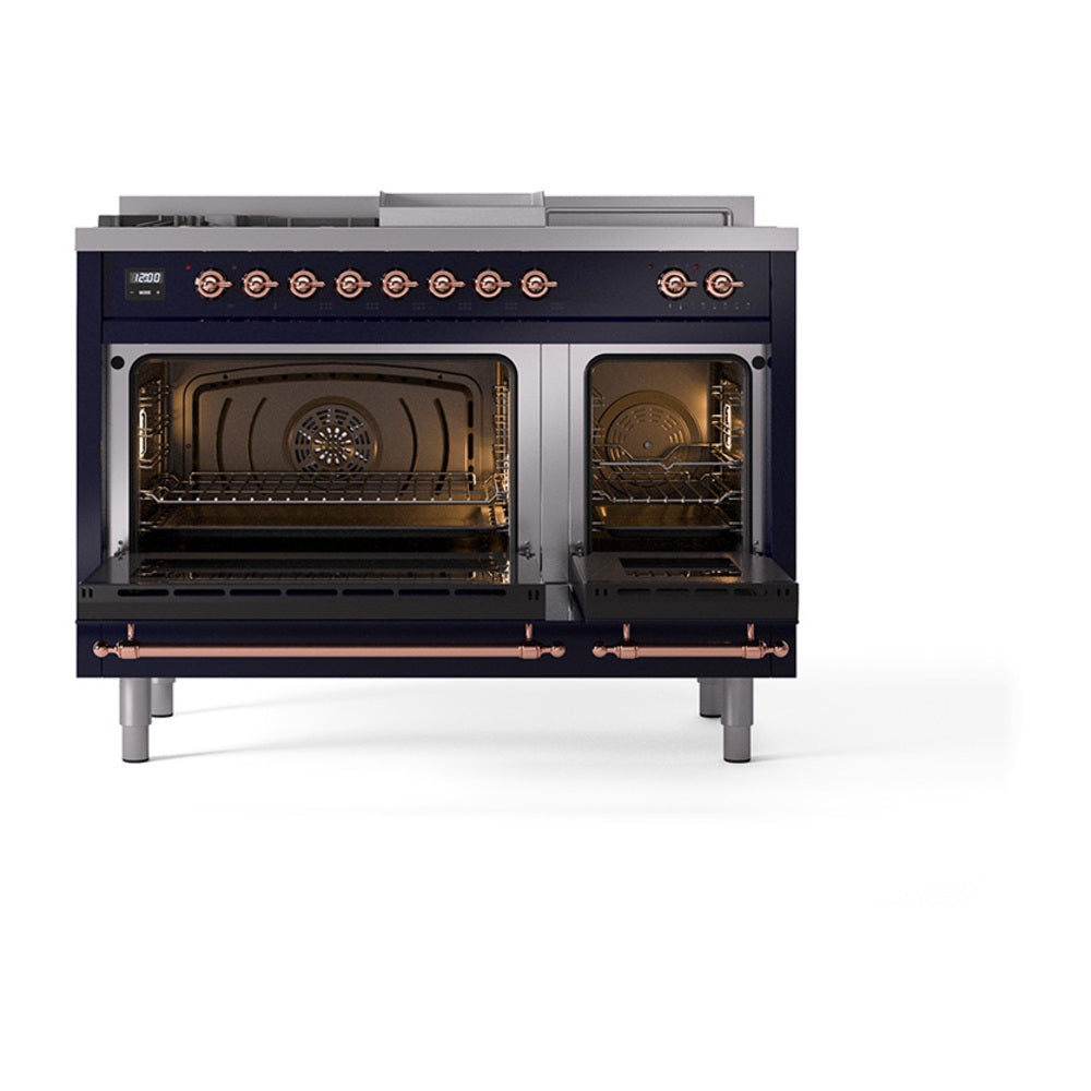 ILVE Nostalgie II 48-Inch Natural Gas Dual Fuel Range with 5 Burners, Griddle, & French Top, with Solid Door Oven in Midnight Blue with Copper Trim (UP48FSQNMPMBP)