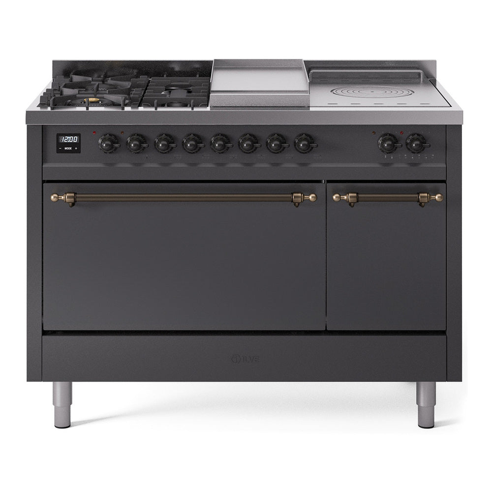 ILVE Nostalgie II 48-Inch Natural Gas Dual Fuel Range with 5 Burners, Griddle, & French Top, with Solid Door Oven in Matte Graphite with Burnished Bronze Trim (UP48FSQNMPMGB)