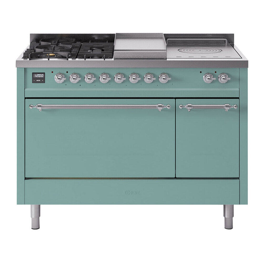 ILVE Nostalgie II 48-Inch Natural Gas Dual Fuel Range with 5 Burners, Griddle, & French Top, with Solid Door Oven in Mediterranean Mint with Chrome Trim (UP48FSQNMPMMC)