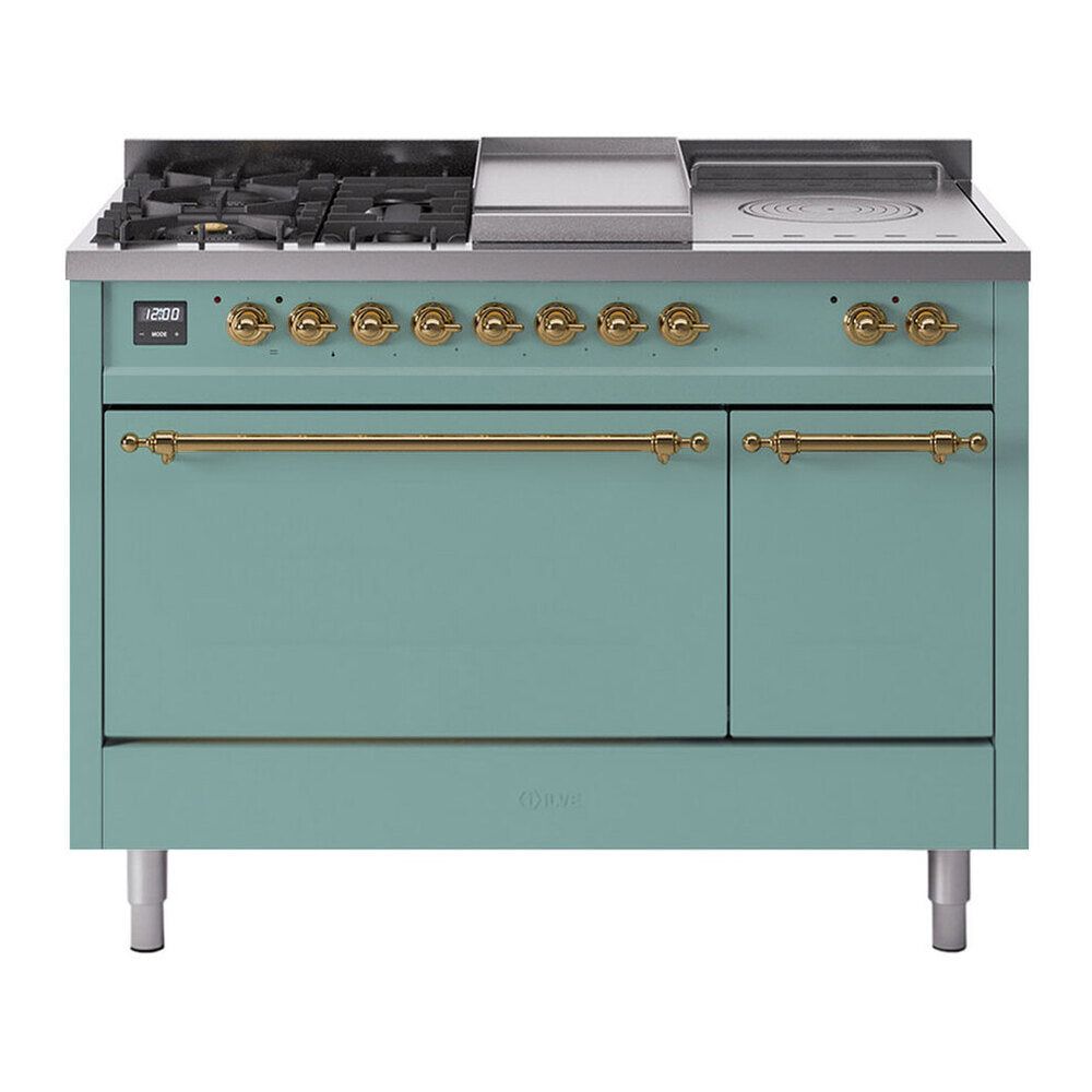 ILVE Nostalgie II 48-Inch Natural Gas Dual Fuel Range with 5 Burners, Griddle, & French Top, with Solid Door Oven in Mediterranean Mint with Brass Trim (UP48FSQNMPMMG)