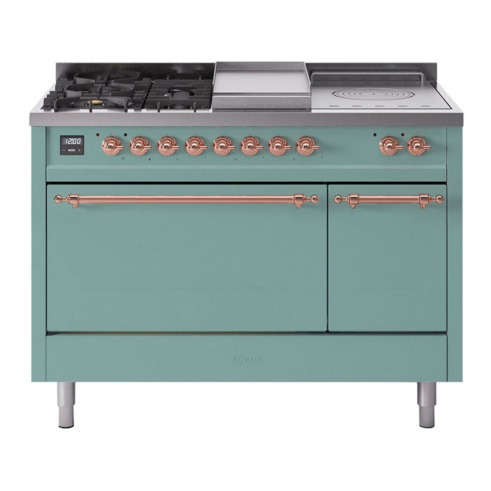 ILVE Nostalgie II 48-Inch Natural Gas Dual Fuel Range with 5 Burners, Griddle, & French Top, with Solid Door Oven in Mediterranean Mint with Copper Trim (UP48FSQNMPMMP)