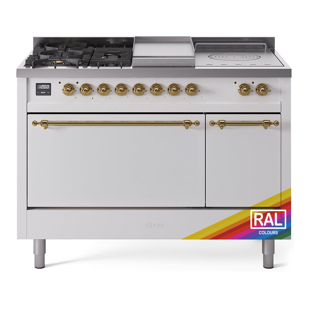ILVE Nostalgie II 48-Inch Natural Gas Dual Fuel Range with 5 Burners, Griddle, & French Top, with Solid Door Oven in RAL with Brass Trim (UP48FSQNMPRAG)