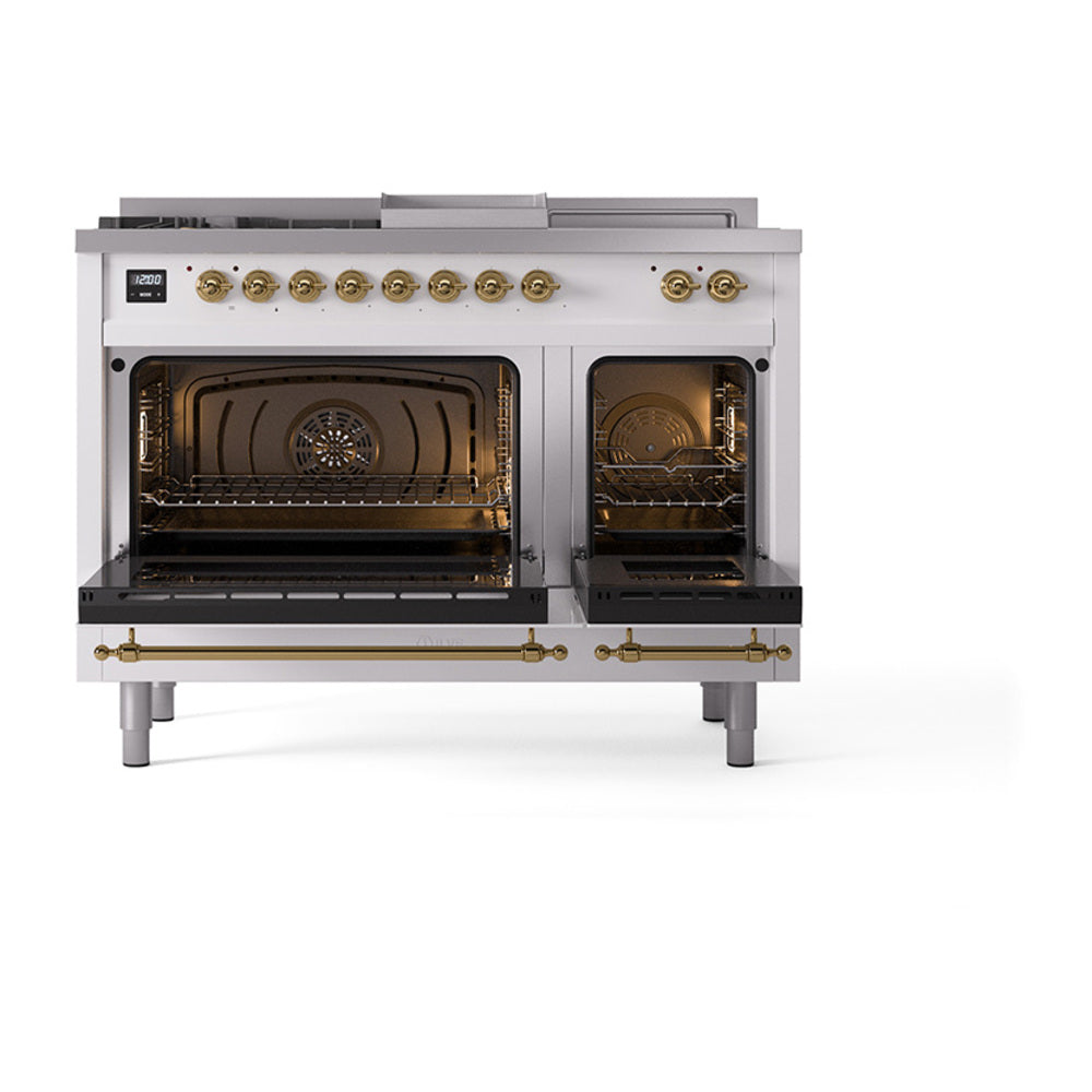 ILVE Nostalgie II 48-Inch Natural Gas Dual Fuel Range with 5 Burners, Griddle, & French Top, with Solid Door Oven in RAL with Brass Trim (UP48FSQNMPRAG)