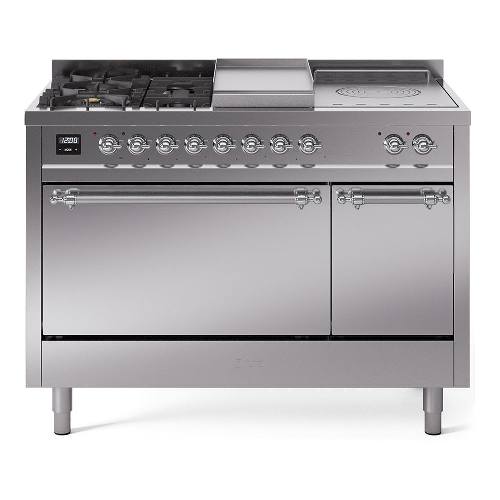 ILVE Nostalgie II 48-Inch Natural Gas Dual Fuel Range with 5 Burners, Griddle, & French Top, with Solid Door Oven in Stainless Steel with Chrome Trim (UP48FSQNMPSSC)