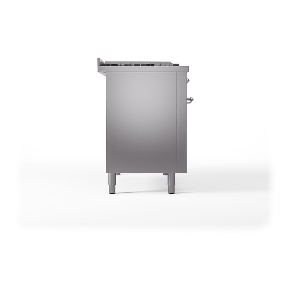 ILVE Nostalgie II 48-Inch Natural Gas Dual Fuel Range with 5 Burners, Griddle, & French Top, with Solid Door Oven in Stainless Steel with Chrome Trim (UP48FSQNMPSSC)