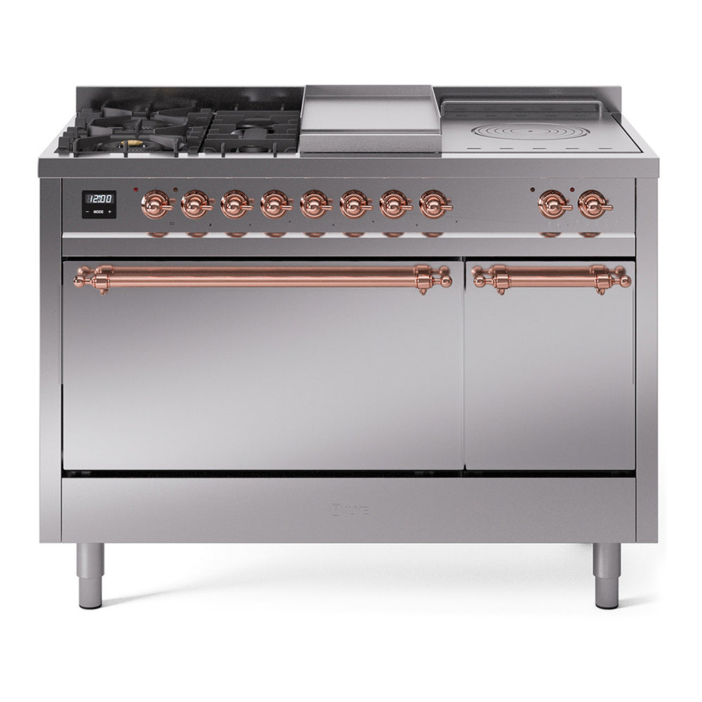 ILVE Nostalgie II 48-Inch LP Dual Fuel Range, 5 Burners, French Top, Griddle, Solid Door, Stainless Steel with Copper Trim (UP48FSQNMPSSPLP)