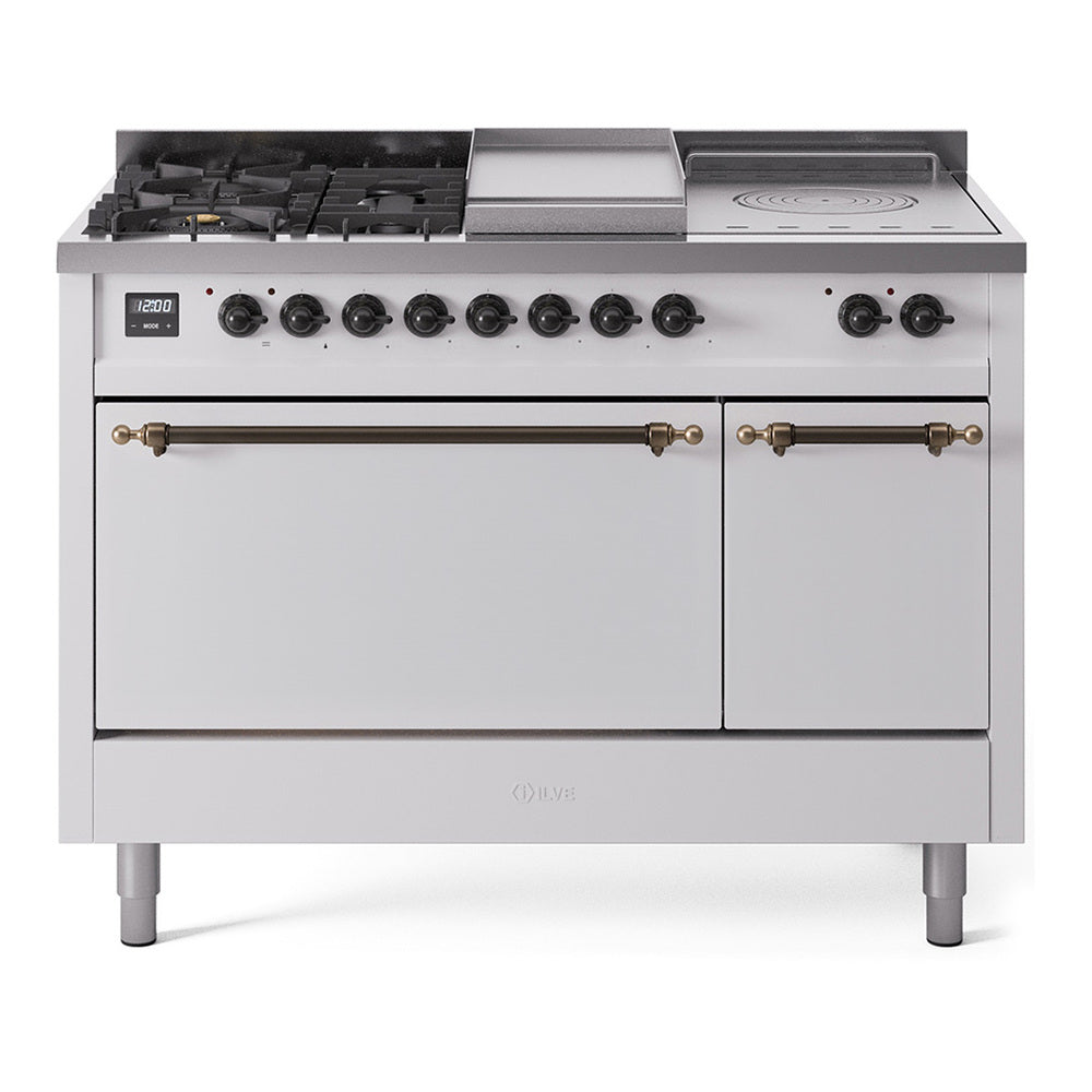 ILVE Nostalgie II 48-Inch Natural Gas Dual Fuel Range with 5 Burners, Griddle, & French Top, with Solid Door Oven in White with Burnished Bronze Trim (UP48FSQNMPWHB)