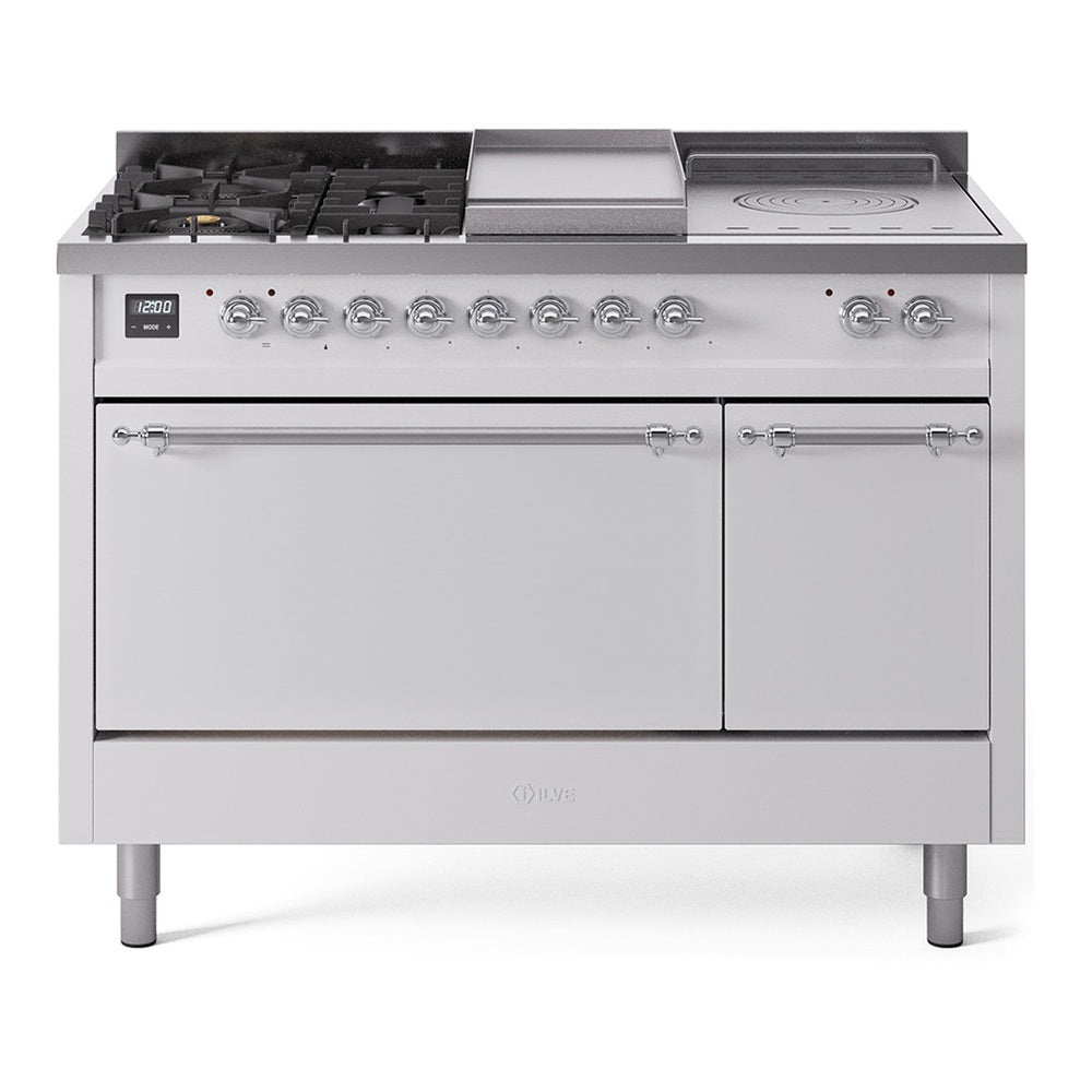 ILVE Nostalgie II 48-Inch Propane Dual Fuel Range, 5 Burners, French Top, Griddle, Solid Door, White with Chrome Trim (UP48FSQNMPWHCLP)