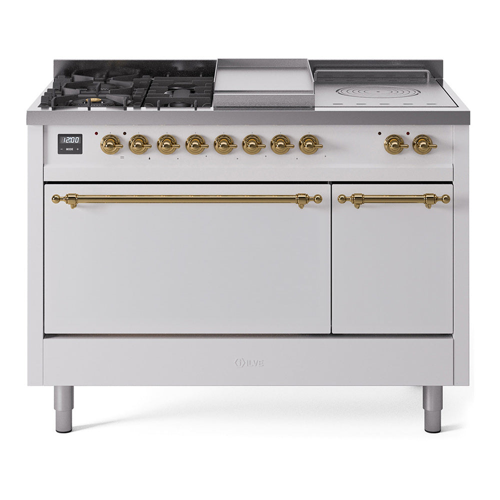 ILVE Nostalgie II 48-Inch Natural Gas Dual Fuel Range, 5 Burners, French Top, Griddle, Solid Door, White with Brass Trim (UP48FSQNMPWHG)