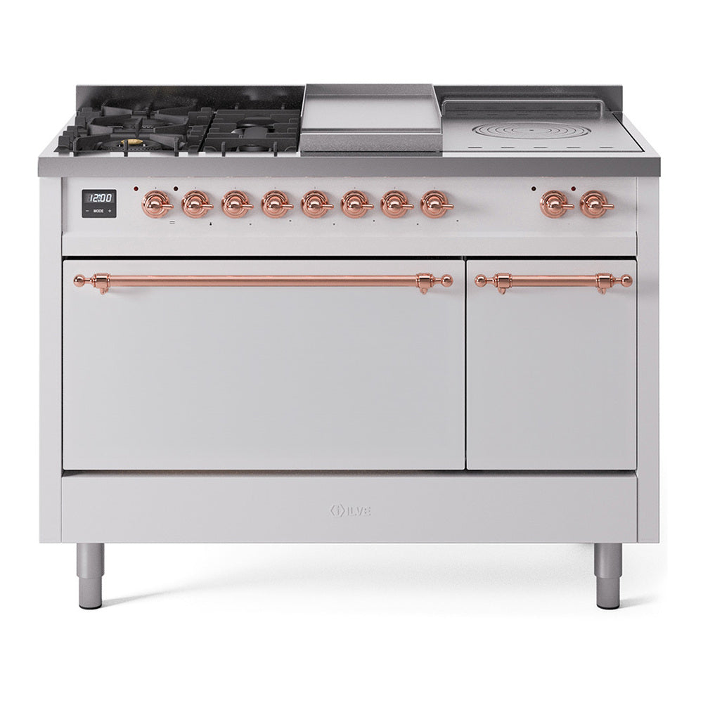 ILVE Nostalgie II 48-Inch Propane Dual Fuel Range, 5 Burners, French Top, Griddle, Solid Door, White with Copper Trim (UP48FSQNMPWHPLP)