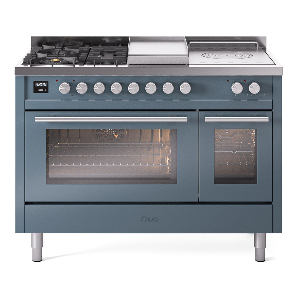 ILVE Professional Plus II 48-Inch Natural Gas Dual Fuel Range, 5 Burners, Griddle, French Top, Triple Glass Door, Blue Grey (UP48FSWMPBG)