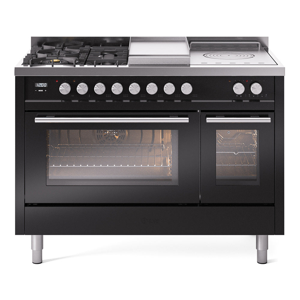 ILVE Professional Plus II 48-Inch Propane Dual Fuel Range, 5 Burners, Griddle, French Top, Triple Glass Door, Glossy Black (UP48FSWMPBKLP)