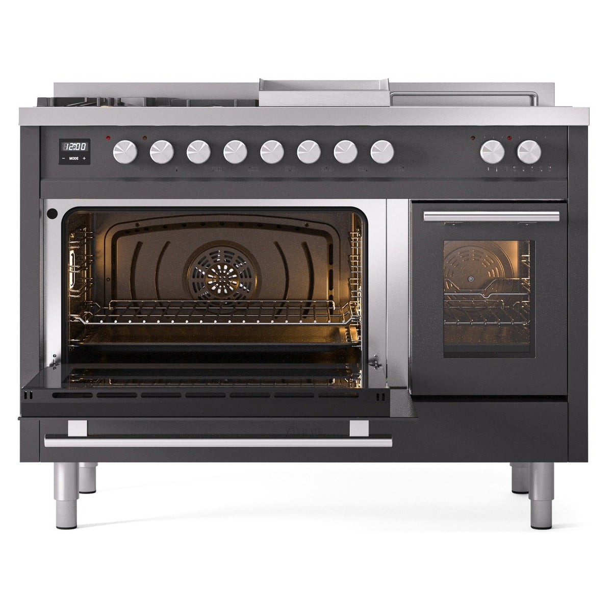 ILVE Professional Plus II 48-Inch Natural Gas Dual Fuel Range, 5 Burners, Griddle, French Top, Triple Glass Door, Matte Graphite (UP48FSWMPMG)