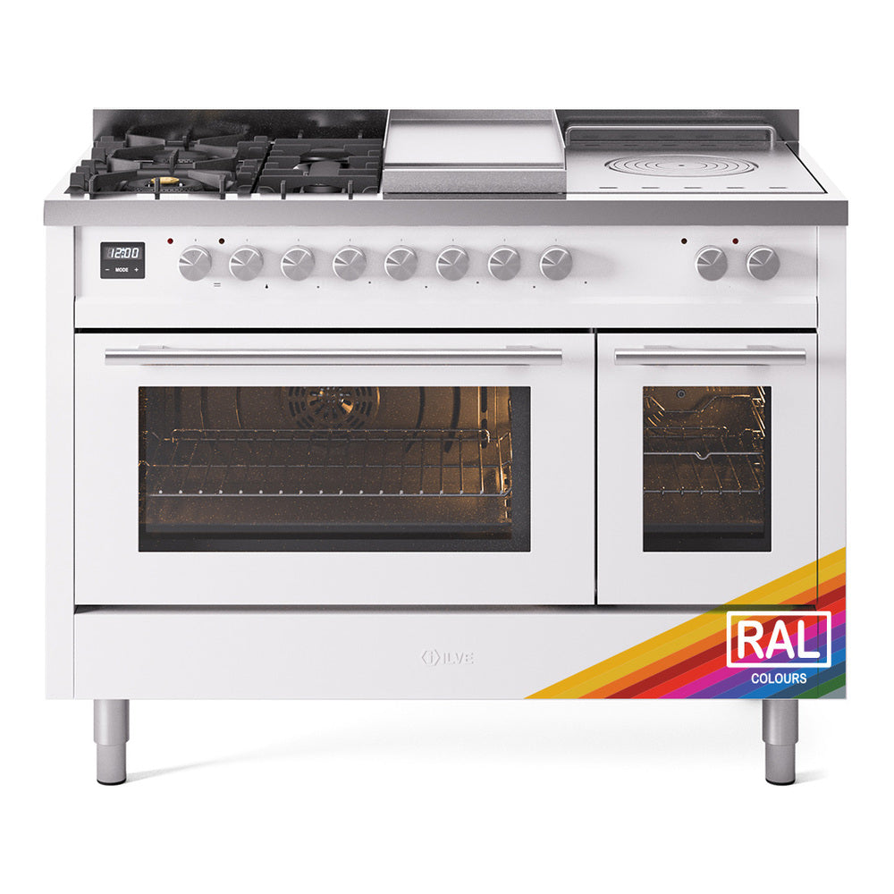 ILVE Professional Plus II 48-Inch Natural Gas Dual Fuel Range, 5 Burners, Griddle, French Top, Triple Glass Door, RAL (UP48FSWMPRA)