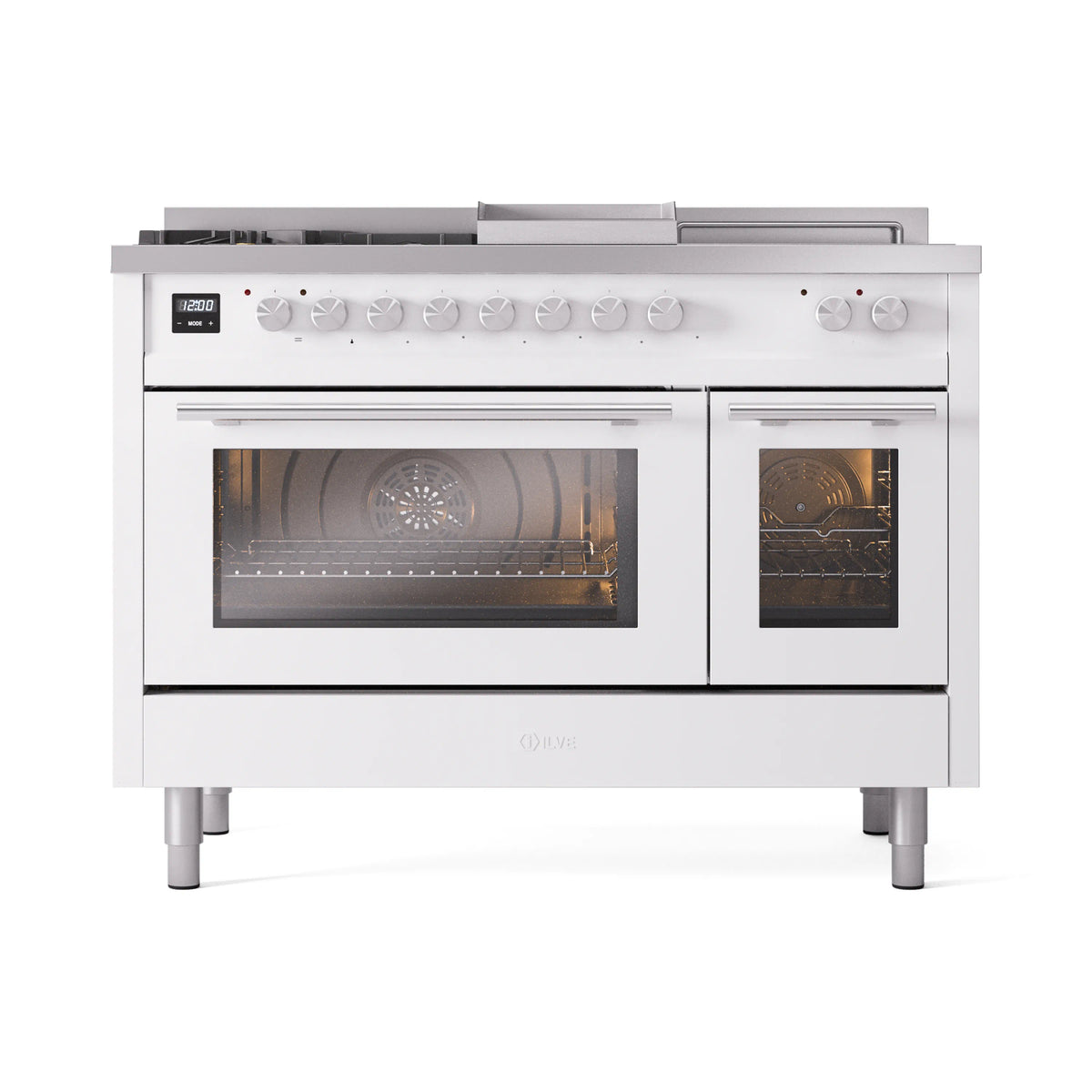ILVE Professional Plus II 48-inch Propane Gas Dual Fuel Range with 5 Burners, Griddle, & French Top with Triple Glass Door Oven in White (UP48FSWMPWHLP)