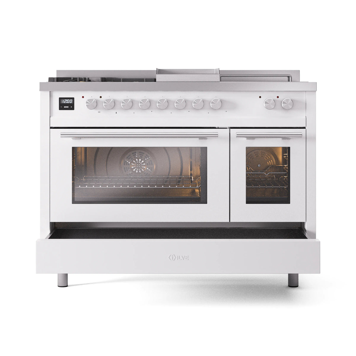 ILVE Professional Plus II 48-inch Propane Gas Dual Fuel Range with 5 Burners, Griddle, & French Top with Triple Glass Door Oven in White (UP48FSWMPWHLP)