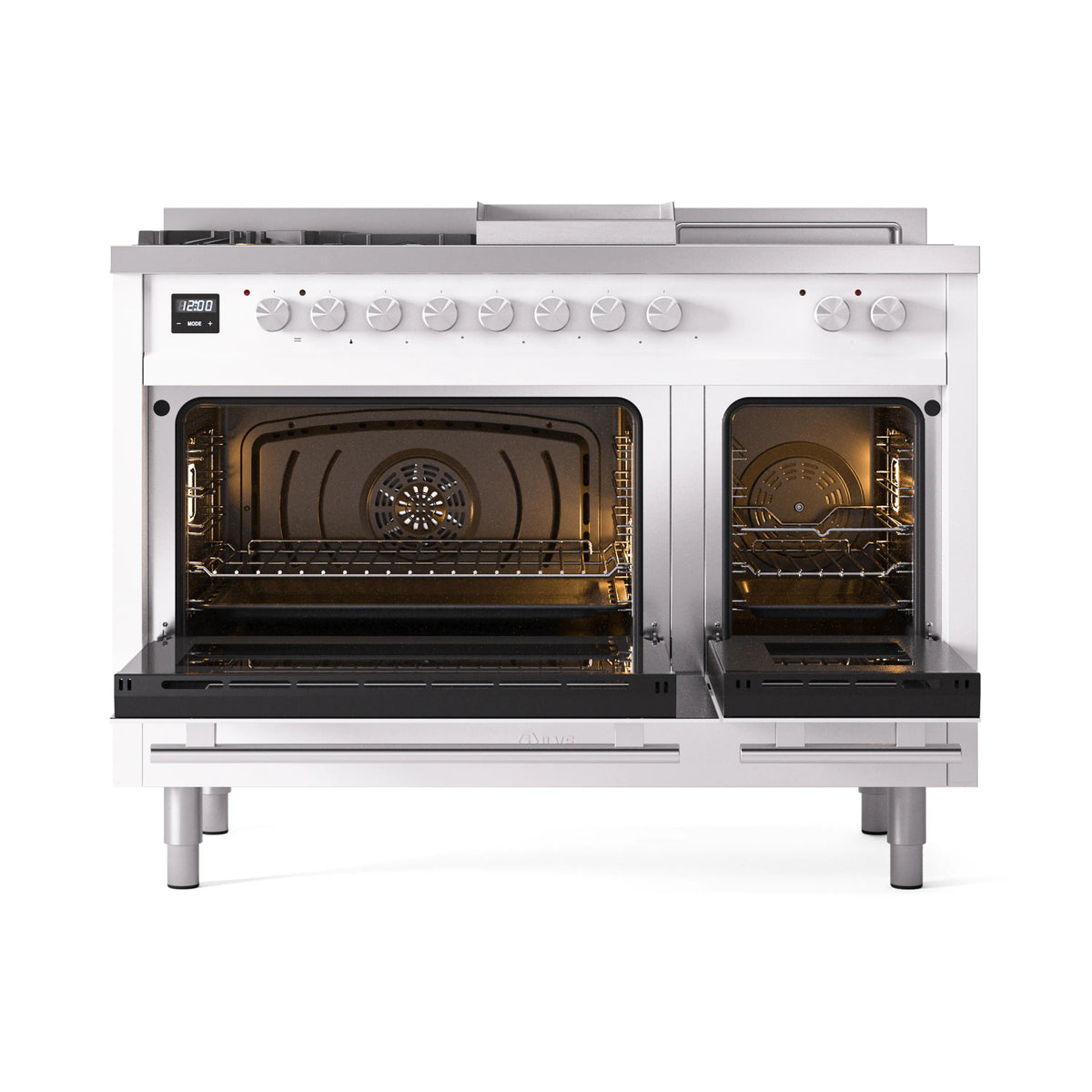 ILVE Professional Plus II 48-inch Propane Gas Dual Fuel Range with 5 Burners, Griddle, & French Top with Triple Glass Door Oven in White (UP48FSWMPWHLP)