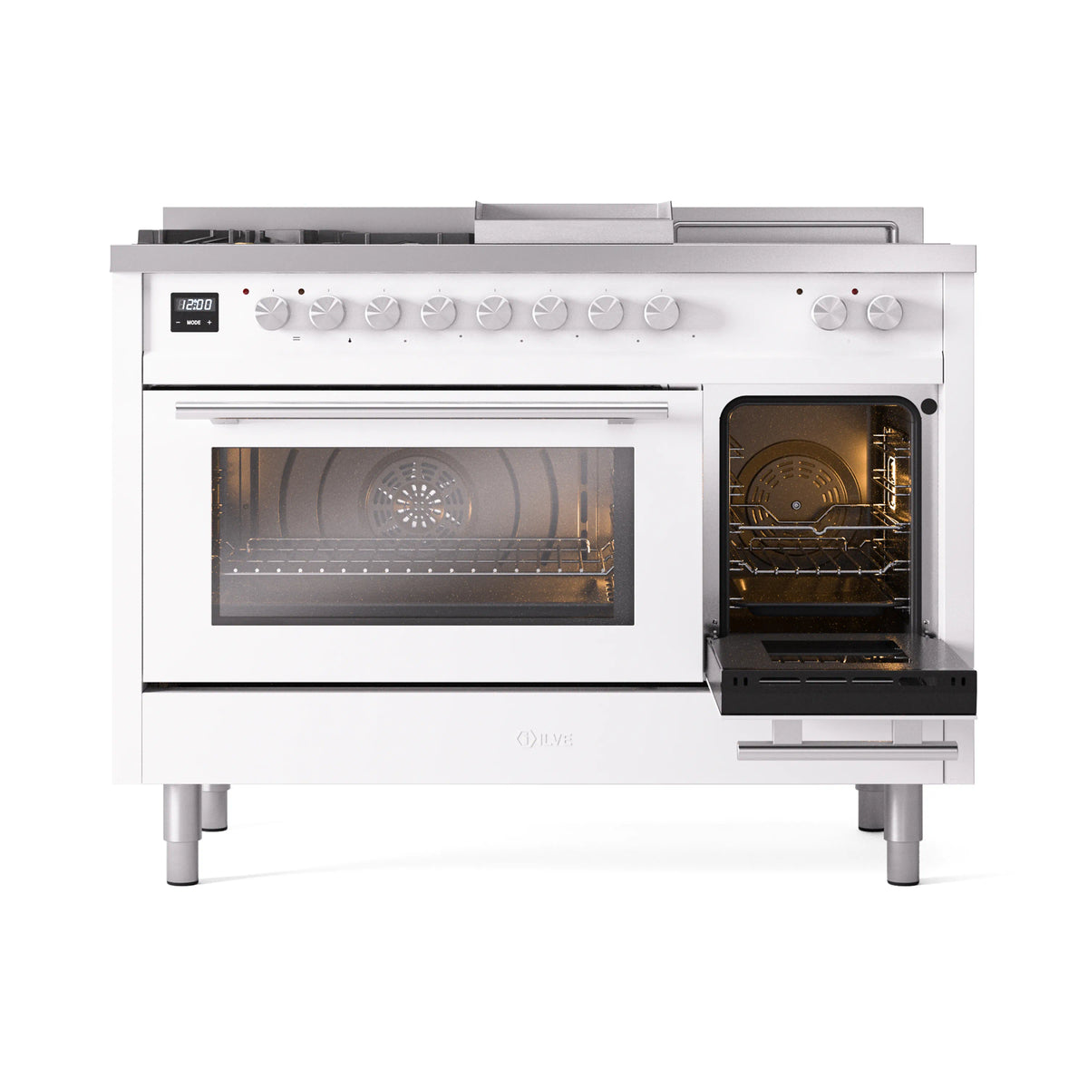 ILVE Professional Plus II 48-inch Propane Gas Dual Fuel Range with 5 Burners, Griddle, & French Top with Triple Glass Door Oven in White (UP48FSWMPWHLP)