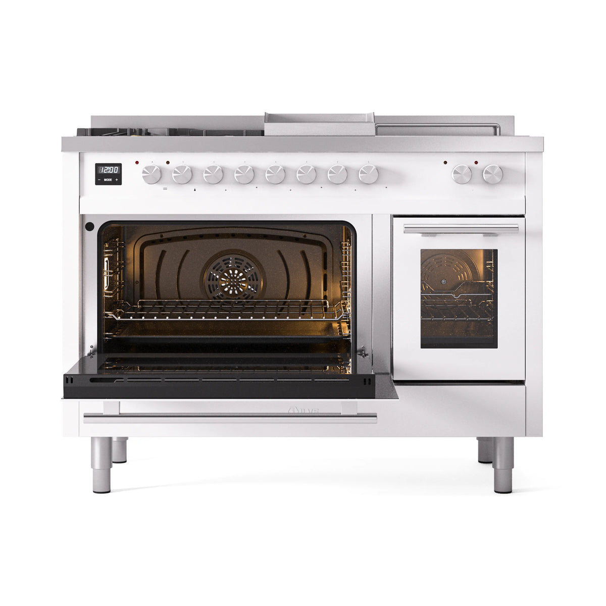 ILVE Professional Plus II 48-inch Propane Gas Dual Fuel Range with 5 Burners, Griddle, & French Top with Triple Glass Door Oven in White (UP48FSWMPWHLP)
