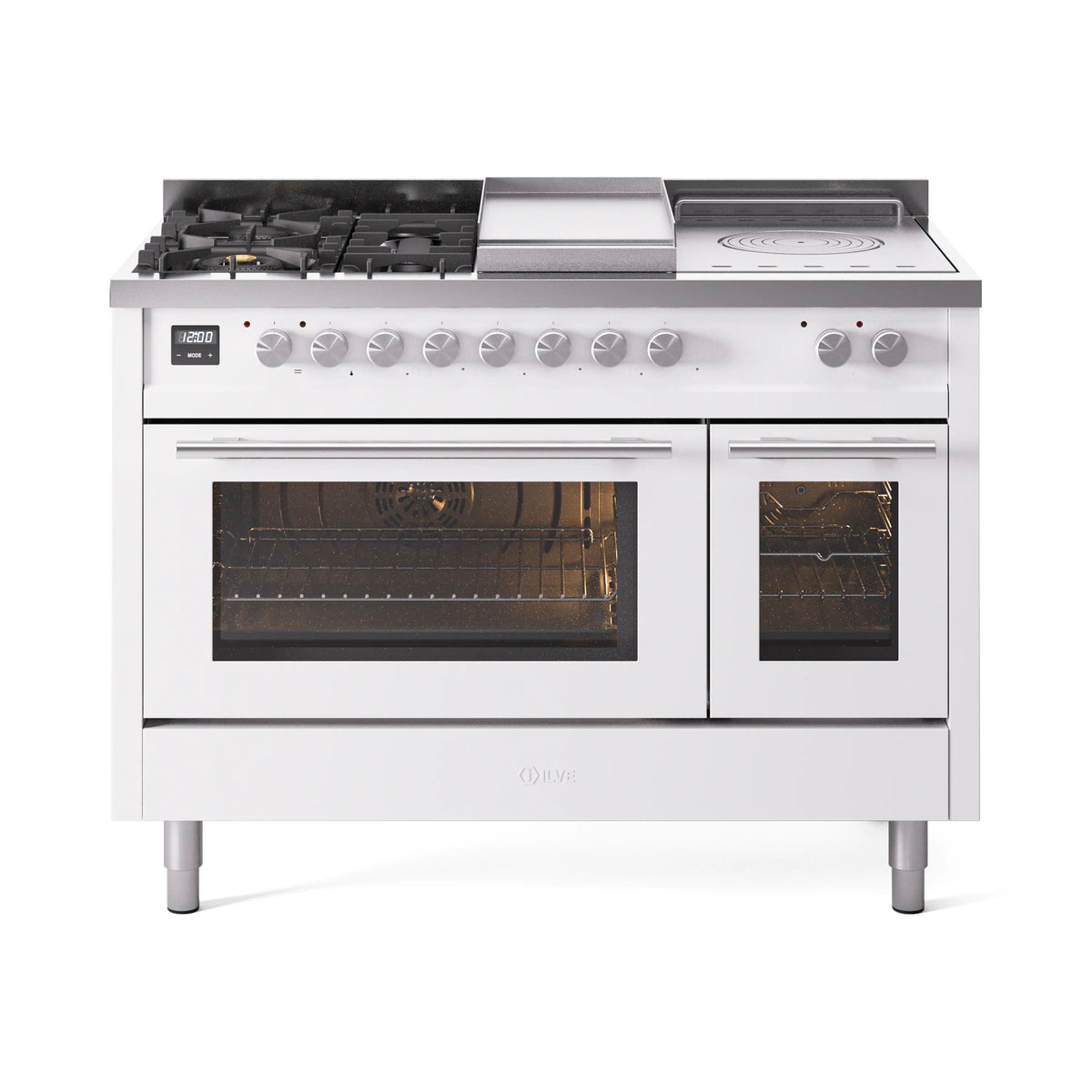 ILVE Professional Plus II 48-inch Propane Gas Dual Fuel Range with 5 Burners, Griddle, & French Top with Triple Glass Door Oven in White (UP48FSWMPWHLP)